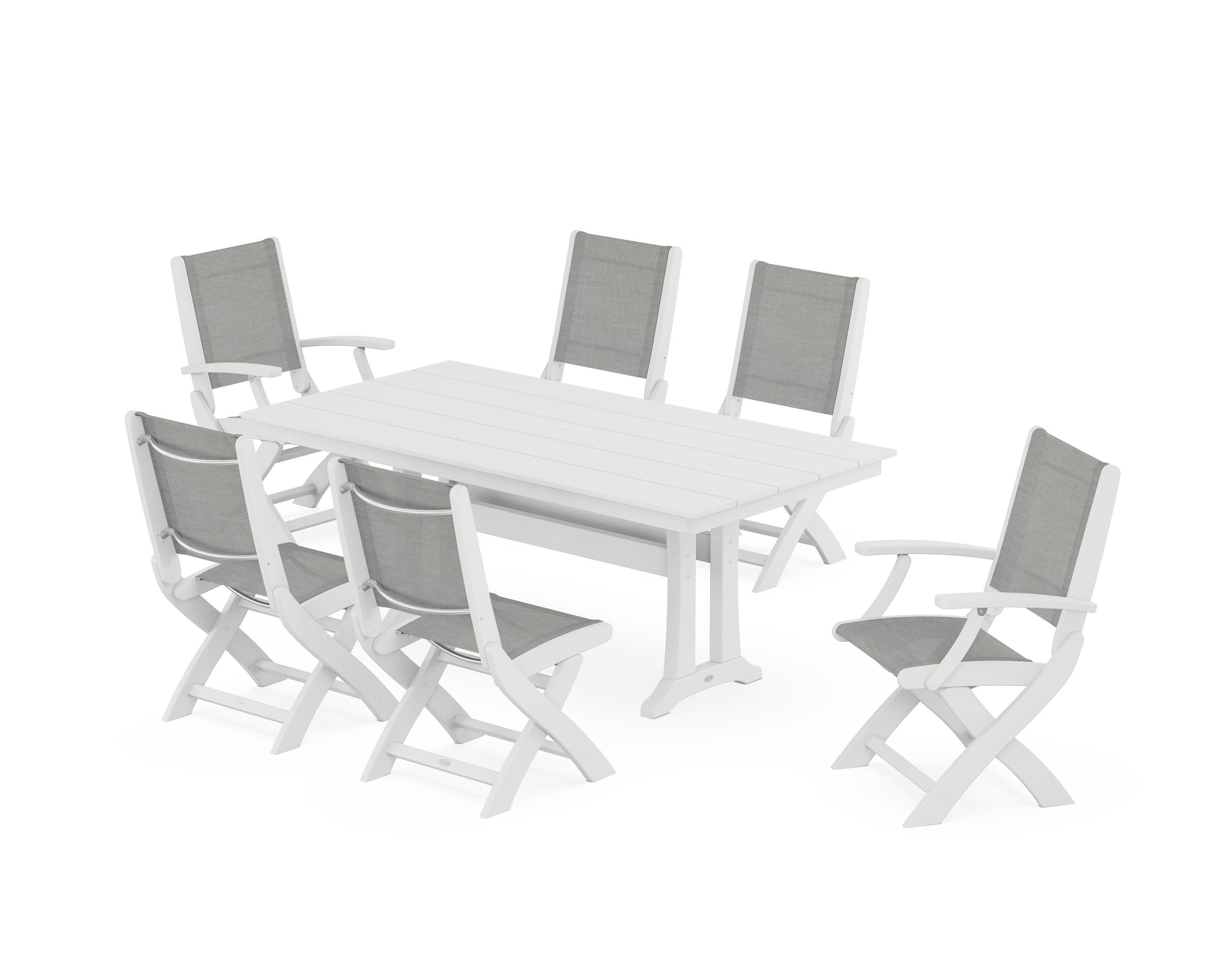 POLYWOOD Coastal Folding Chair 7-Piece Farmhouse Dining Set with Trestle Legs in White / Metallic Sling