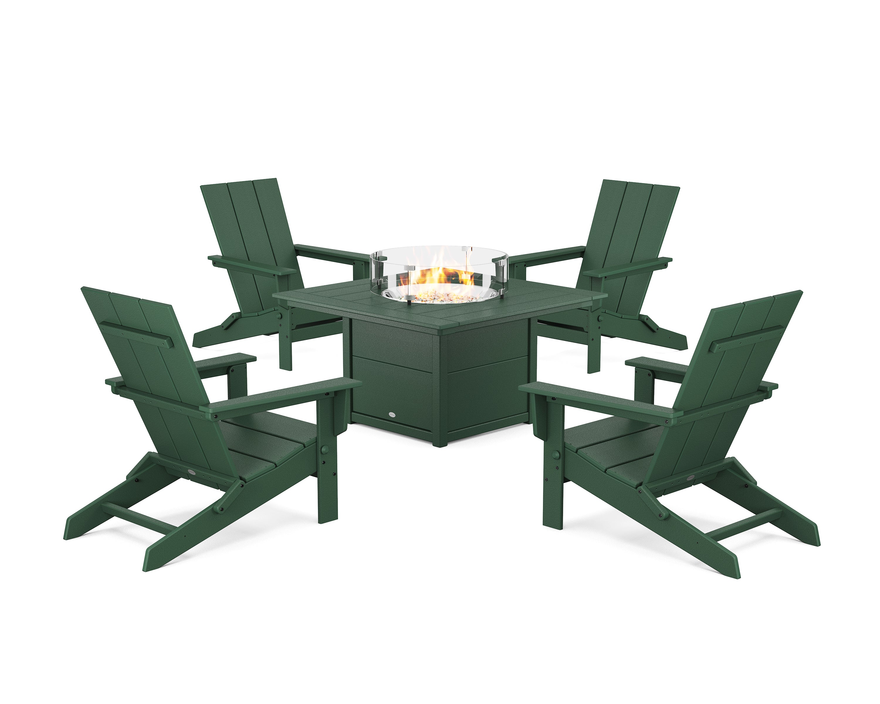 POLYWOOD 5-Piece Modern Studio Folding Adirondack Conversation Set with Fire Pit Table in Green