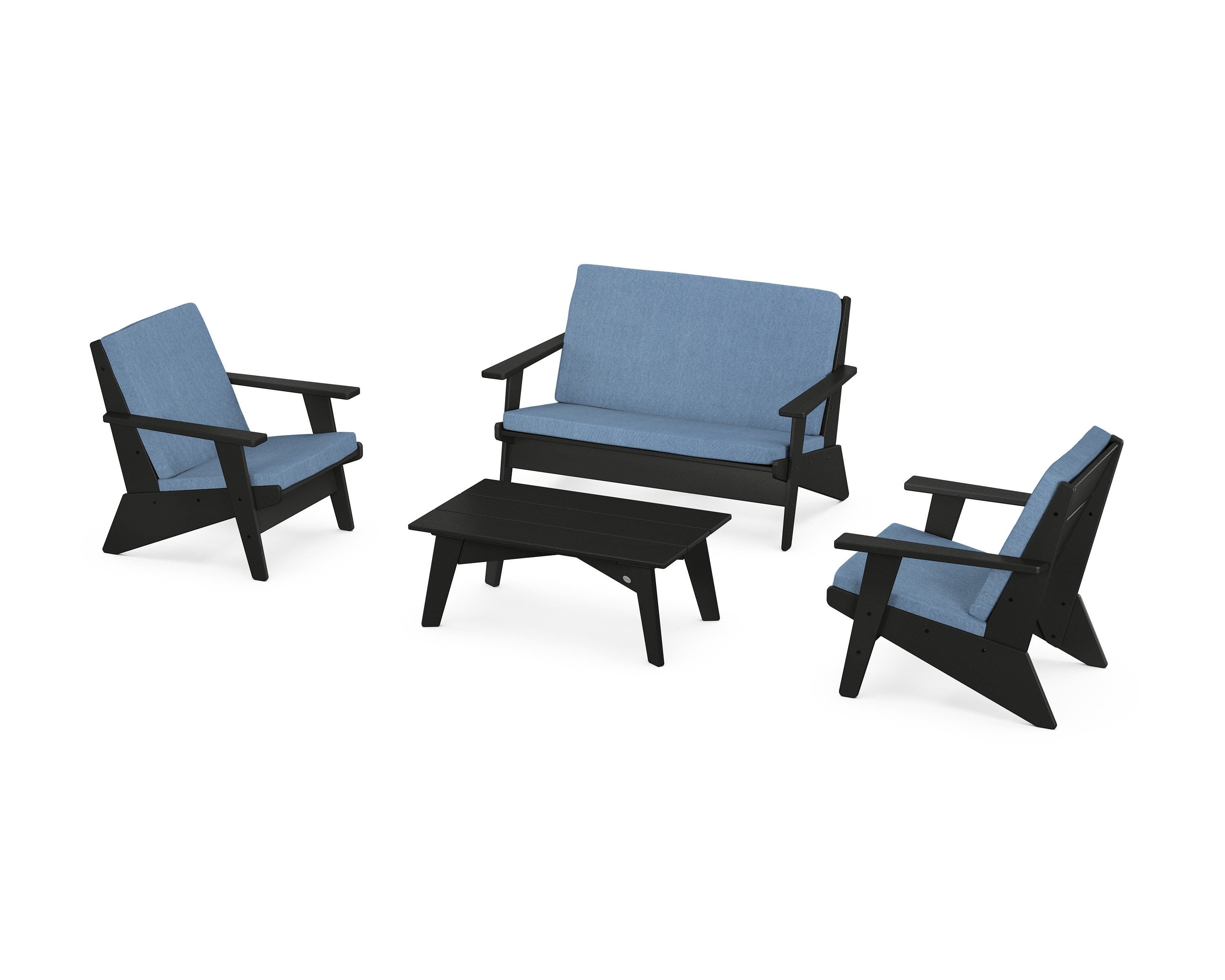 POLYWOOD Riviera Modern Lounge 4-Piece Set in Black / Sky Blue