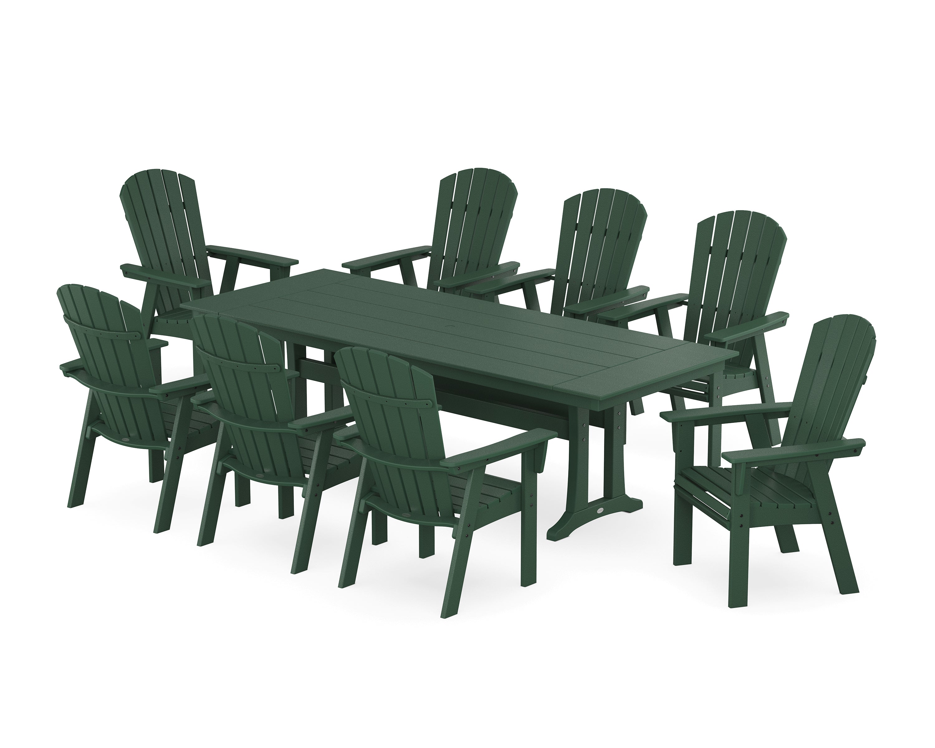 POLYWOOD® Nautical 9-Piece Curveback Adirondack Farmhouse Dining Set with Trestle Legs in Green