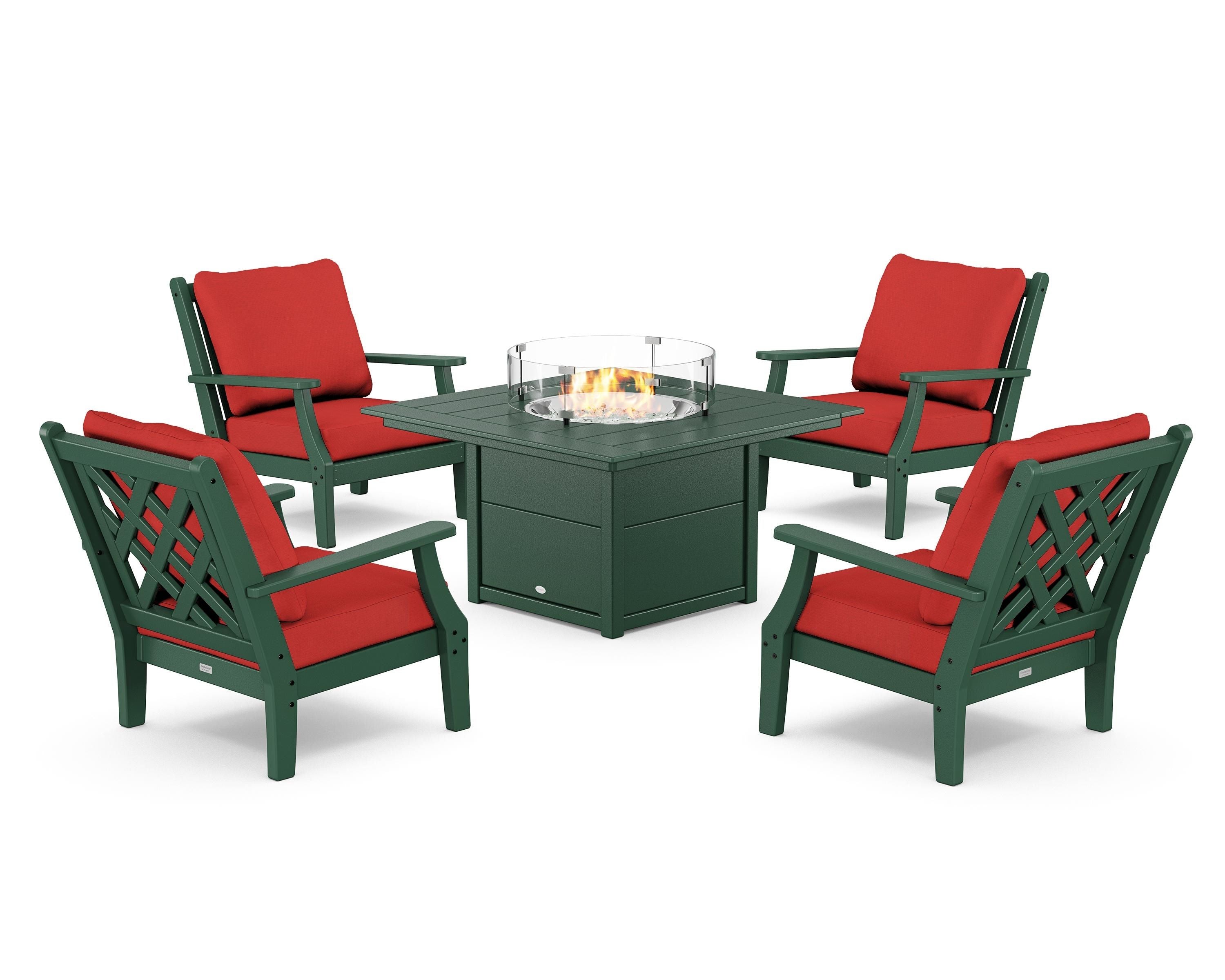 Country Living Wovendale 5-Piece Deep Seating Set with Fire Pit Table in Green / Crimson Linen