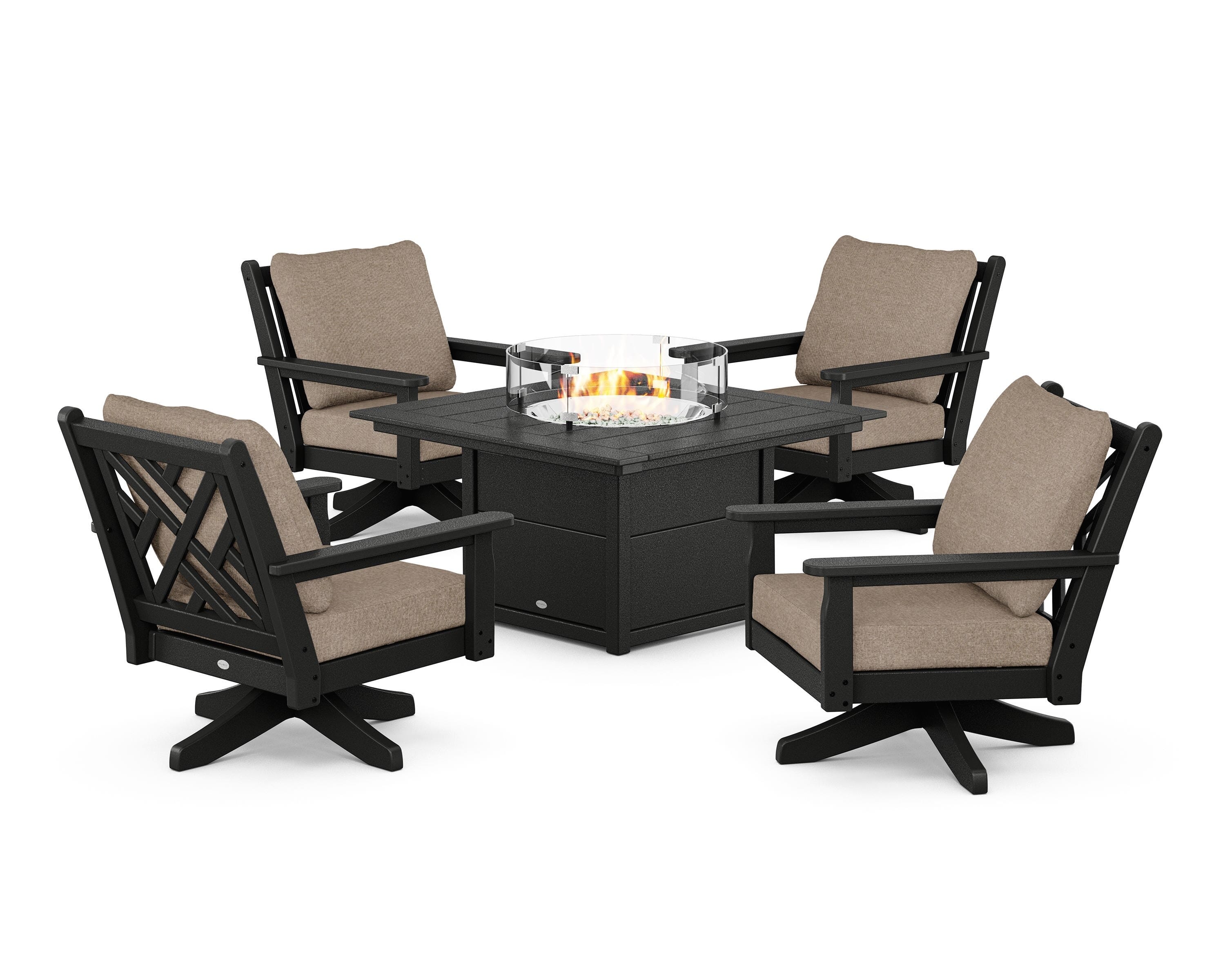 POLYWOOD Chippendale 5-Piece Deep Seating Swivel Conversation Set with Fire Pit Table in Black / Spiced Burlap