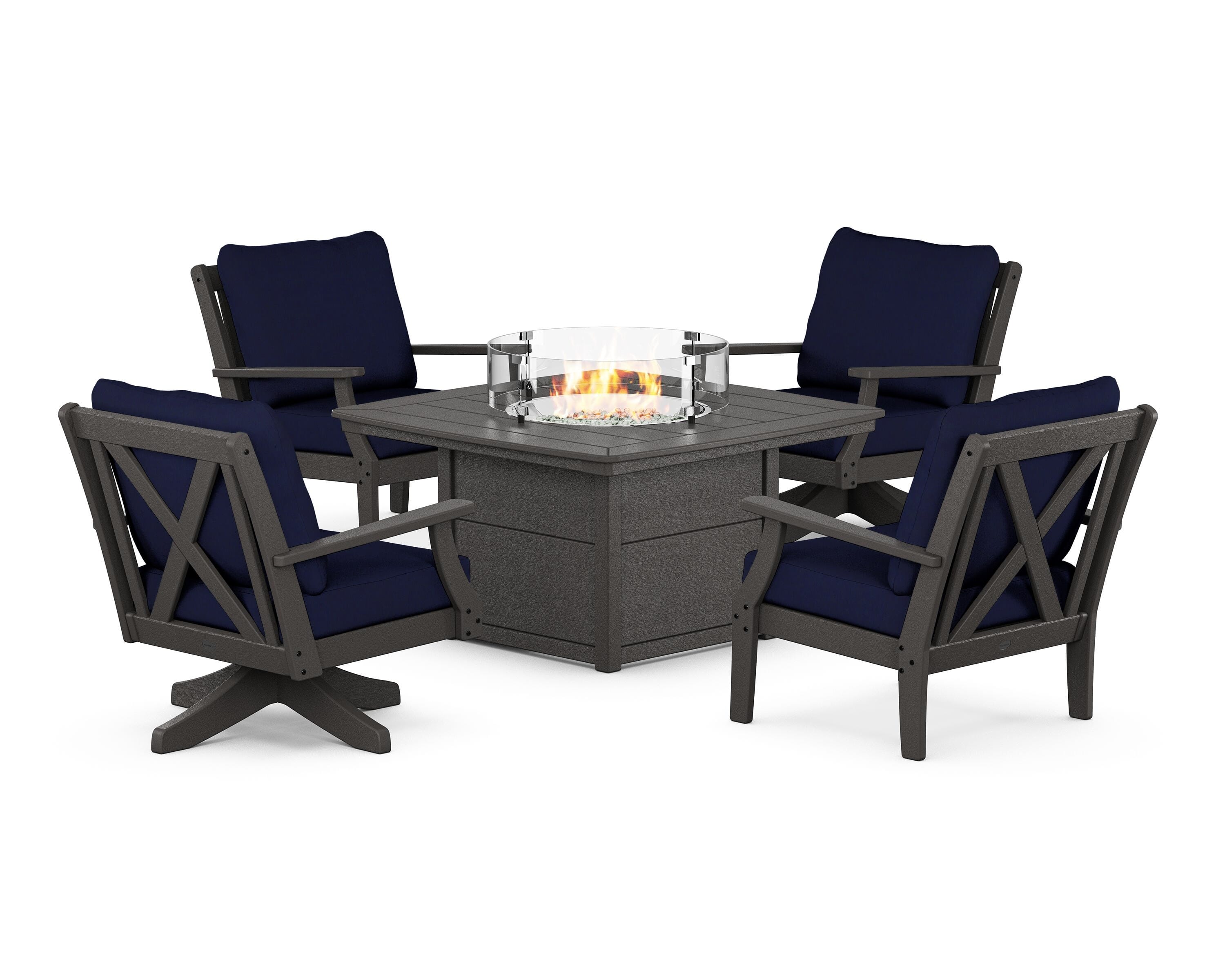 POLYWOOD Braxton 5-Piece Deep Seating Set with Fire Table in Vintage Coffee / Navy