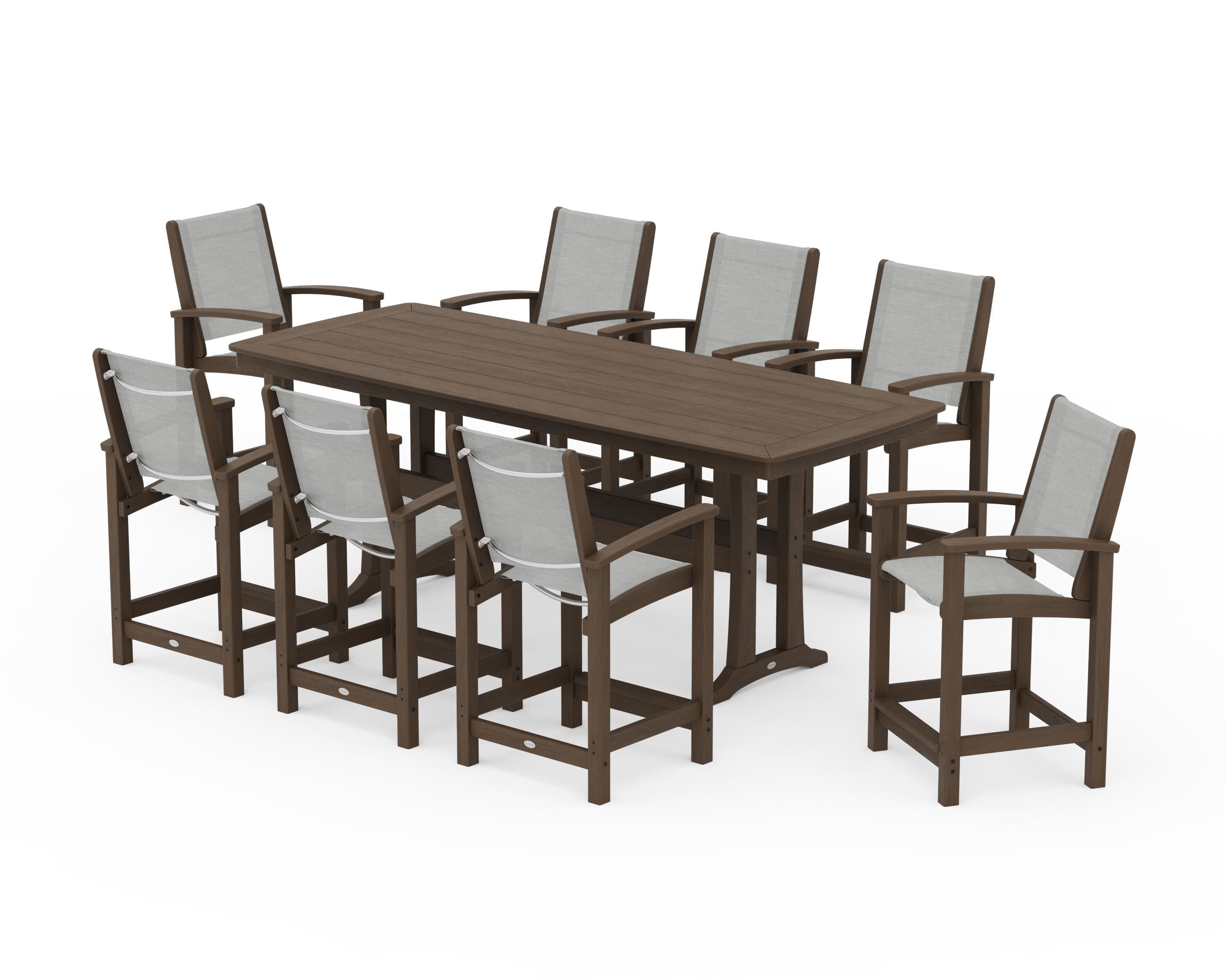 POLYWOOD Coastal 9-Piece Counter Set with Trestle Legs in Kona / Metallic Sling