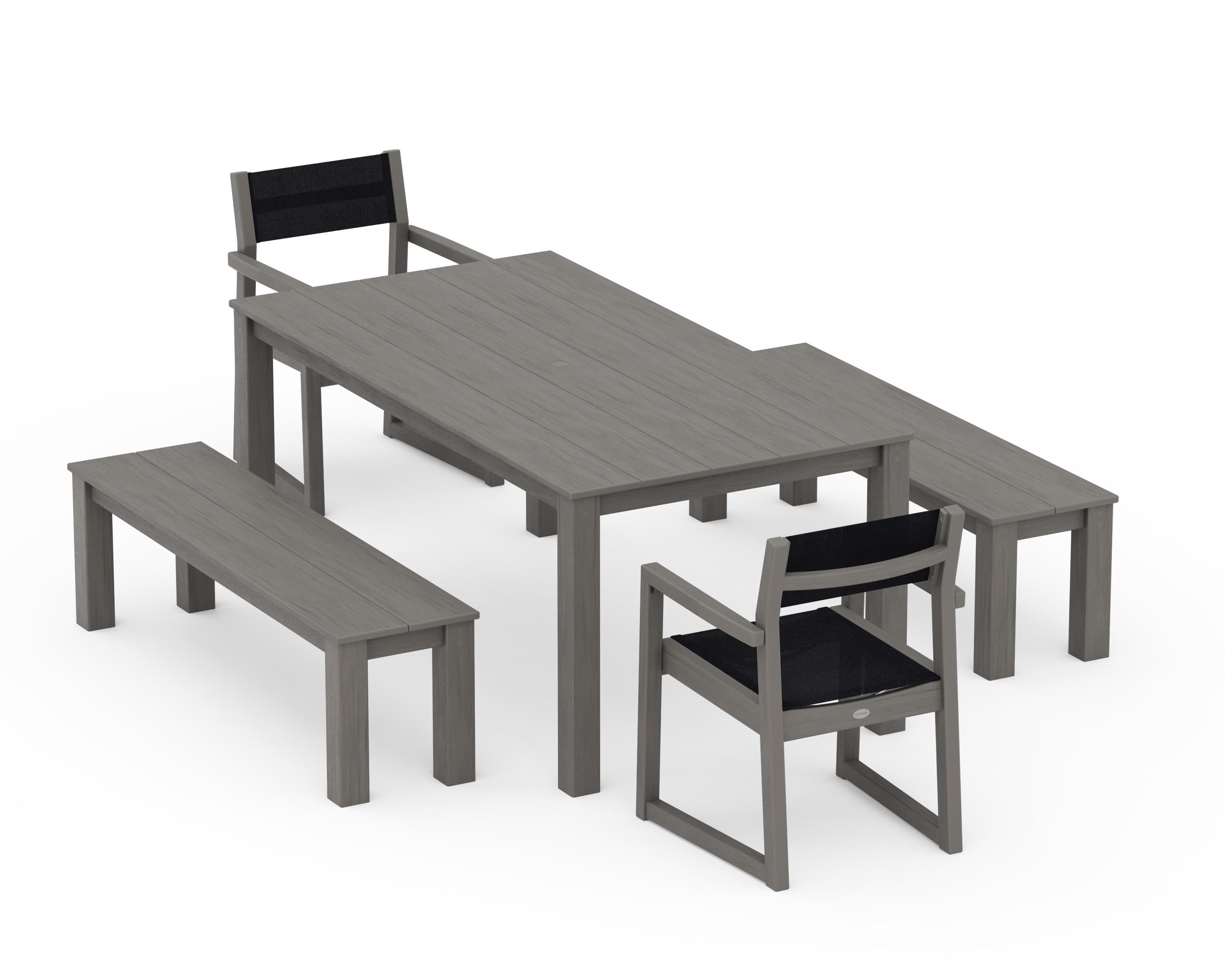 POLYWOOD EDGE Sling Arm Chair 5-Piece Parsons Dining Set with Benches in Driftwood / Black Sling