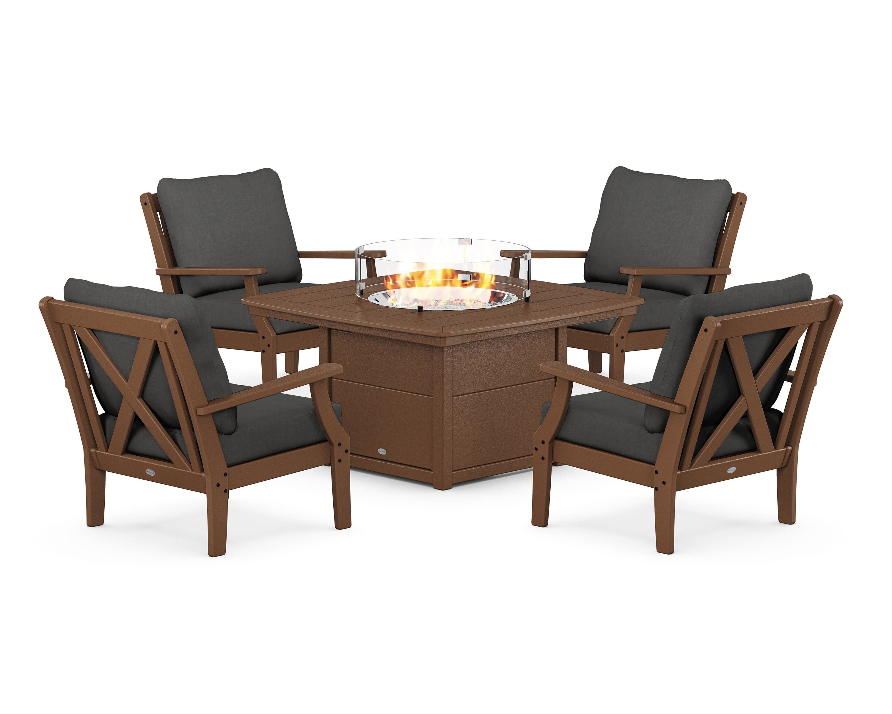 POLYWOOD Braxton 5-Piece Deep Seating Conversation Set with Fire Pit Table in Teak / Spectrum Carbon