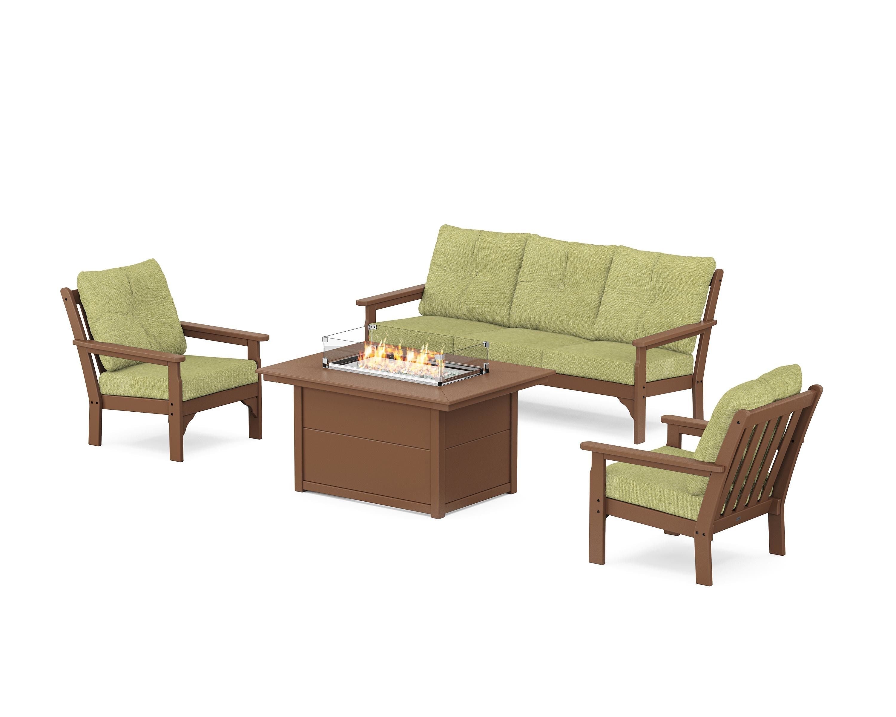 POLYWOOD Vineyard Deep Seating Fire Pit Table Set in Teak / Chartreuse Boucle