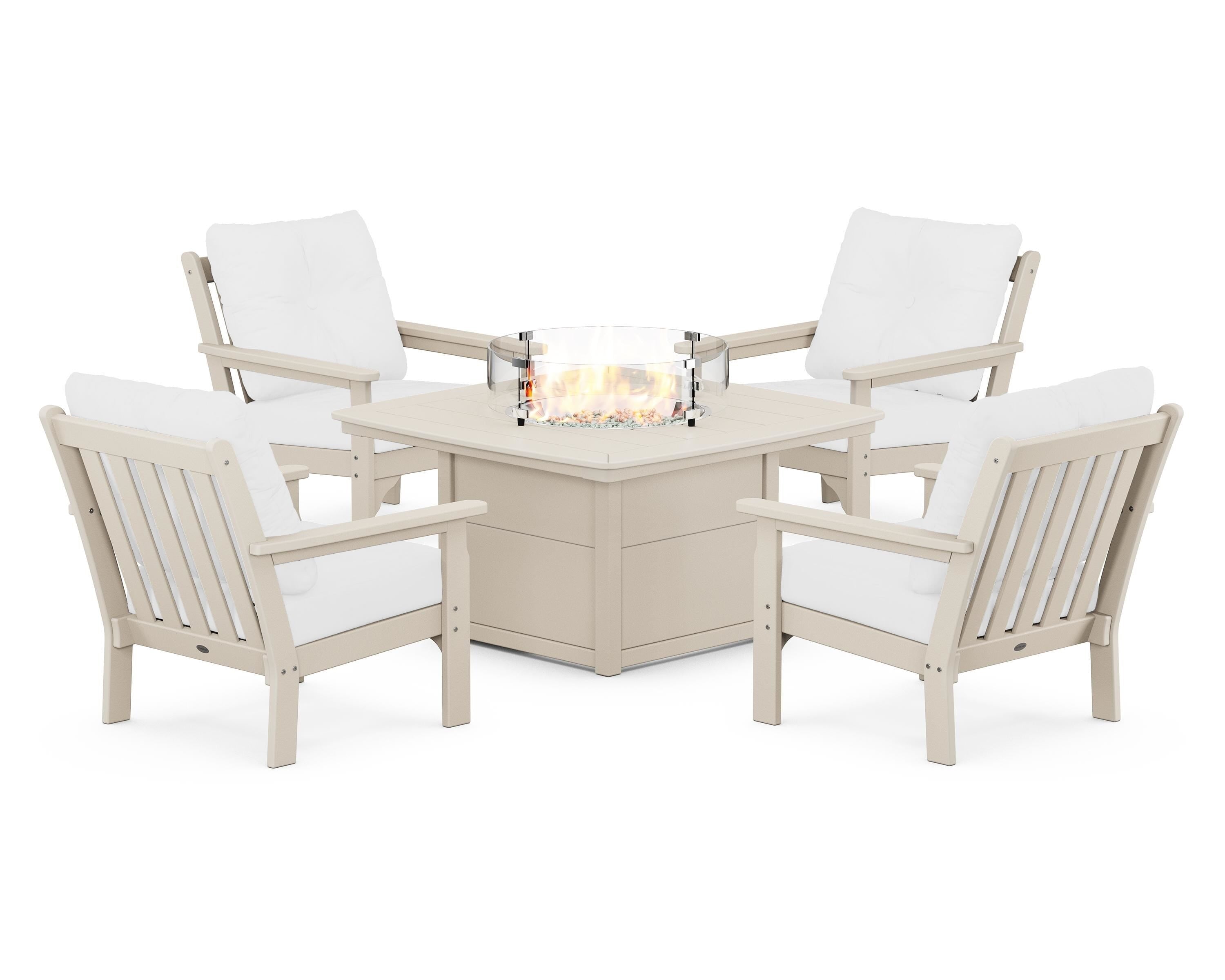 POLYWOOD Vineyard 5-Piece Conversation Set with Fire Pit Table in Sand / Natural