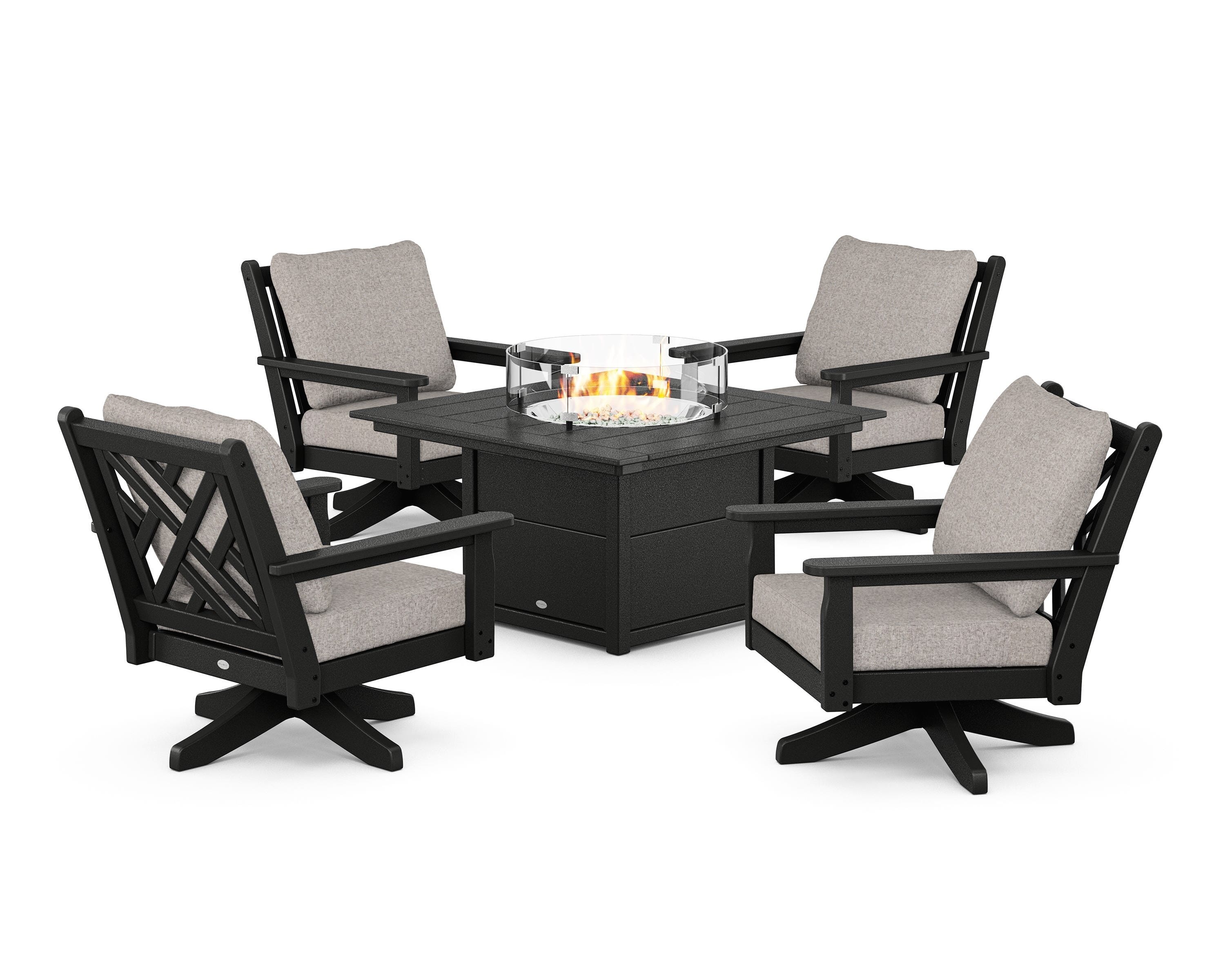POLYWOOD Chippendale 5-Piece Deep Seating Swivel Conversation Set with Fire Pit Table in Black / Weathered Tweed