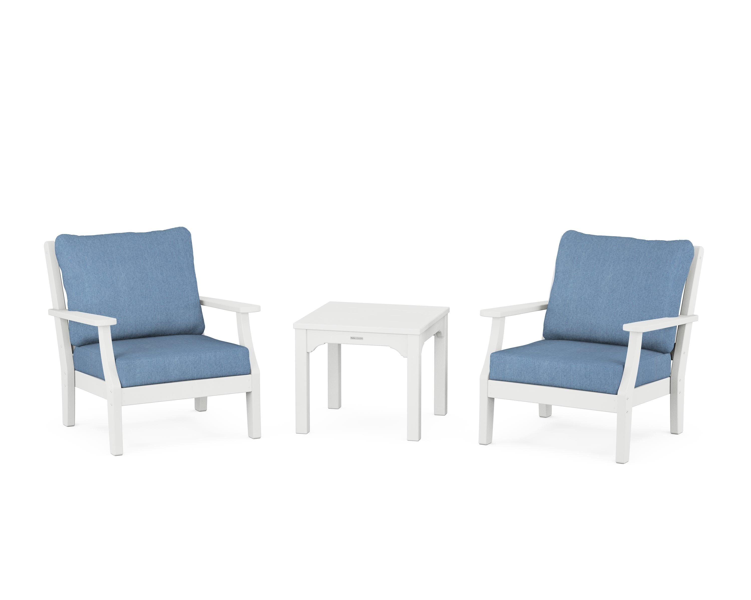 Martha Stewart by POLYWOOD Chinoiserie 3-Piece Deep Seating Set in White / Sky Blue