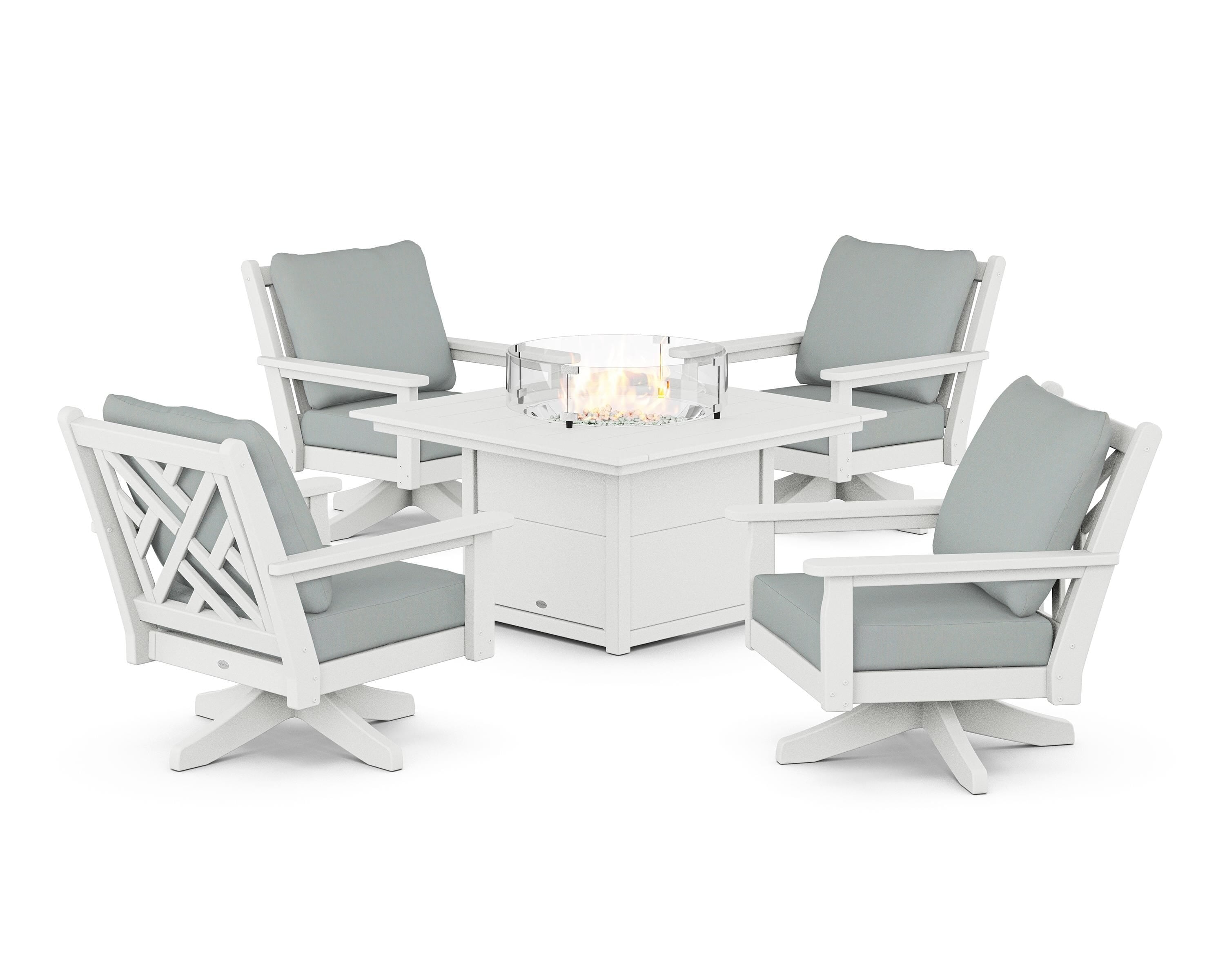 POLYWOOD Chippendale 5-Piece Deep Seating Swivel Conversation Set with Fire Pit Table in White / Spa