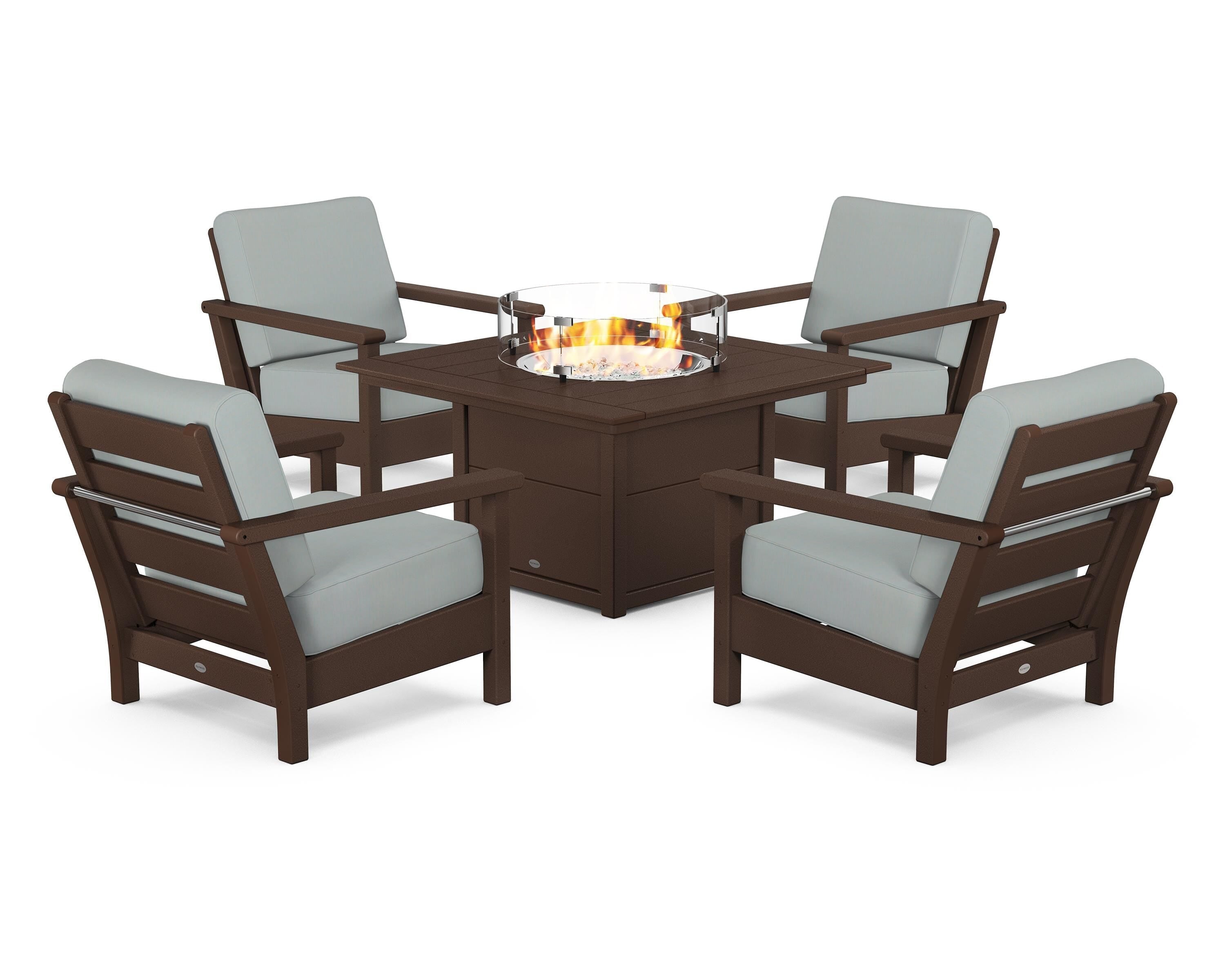 POLYWOOD Harbour 5-Piece Conversation Set with Fire Pit Table in Mahogany / Spa