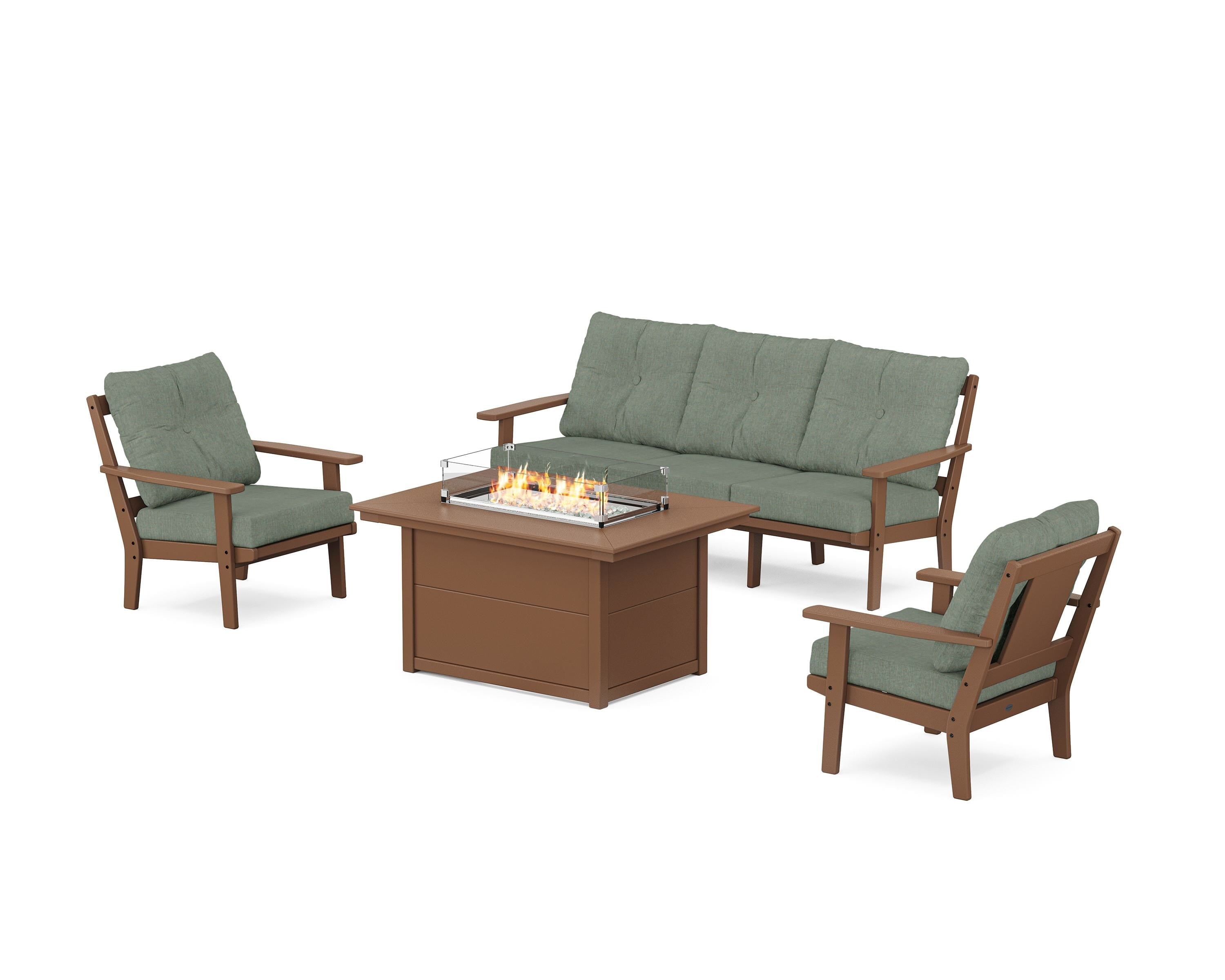POLYWOOD Prairie Deep Seating Fire Pit Table Set in Teak / Cast Sage