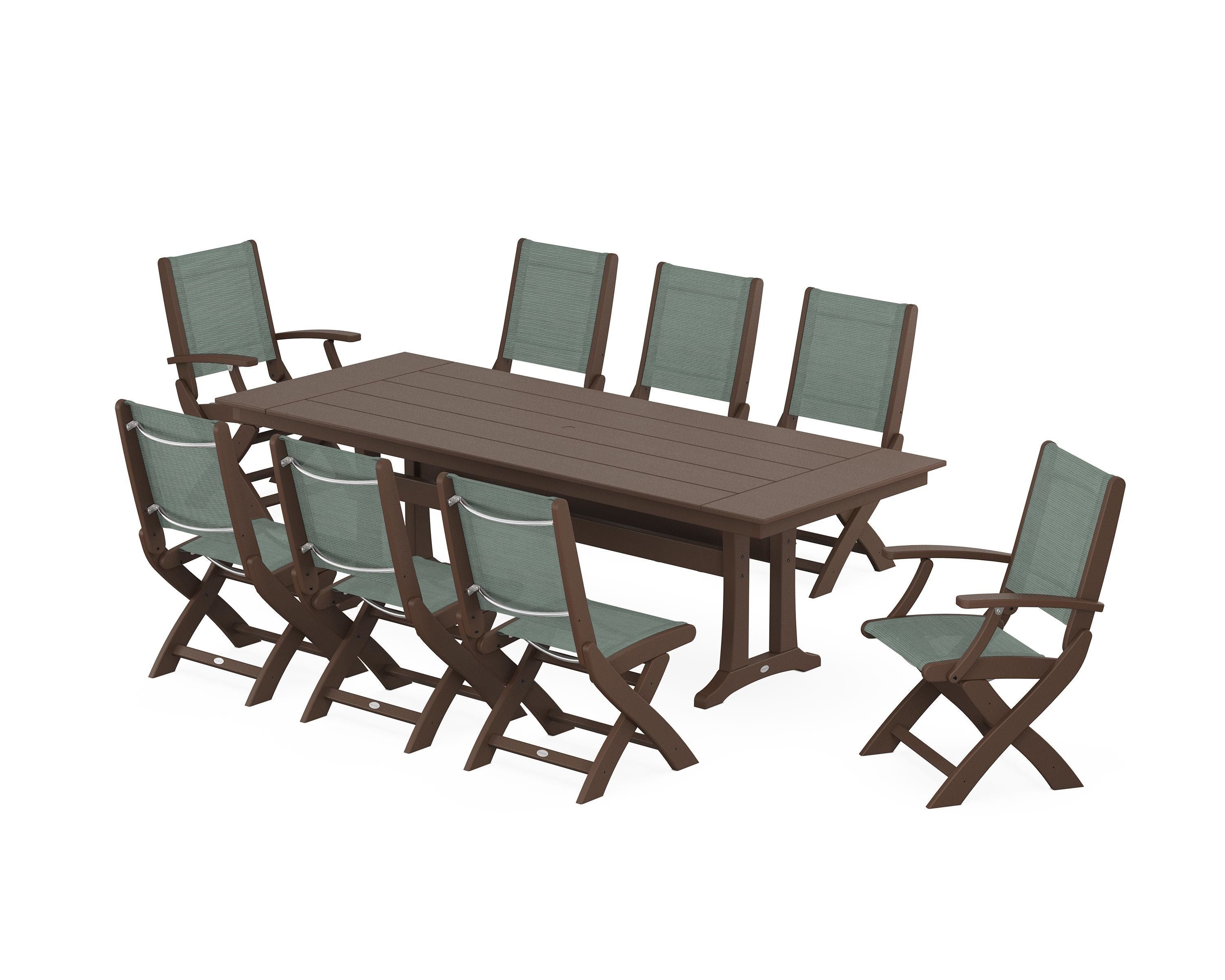 POLYWOOD Coastal 9-Piece Folding Dining Chair Farmhouse Dining Set with Trestle Legs in Mahogany / Dupioni Sea Mist Sling
