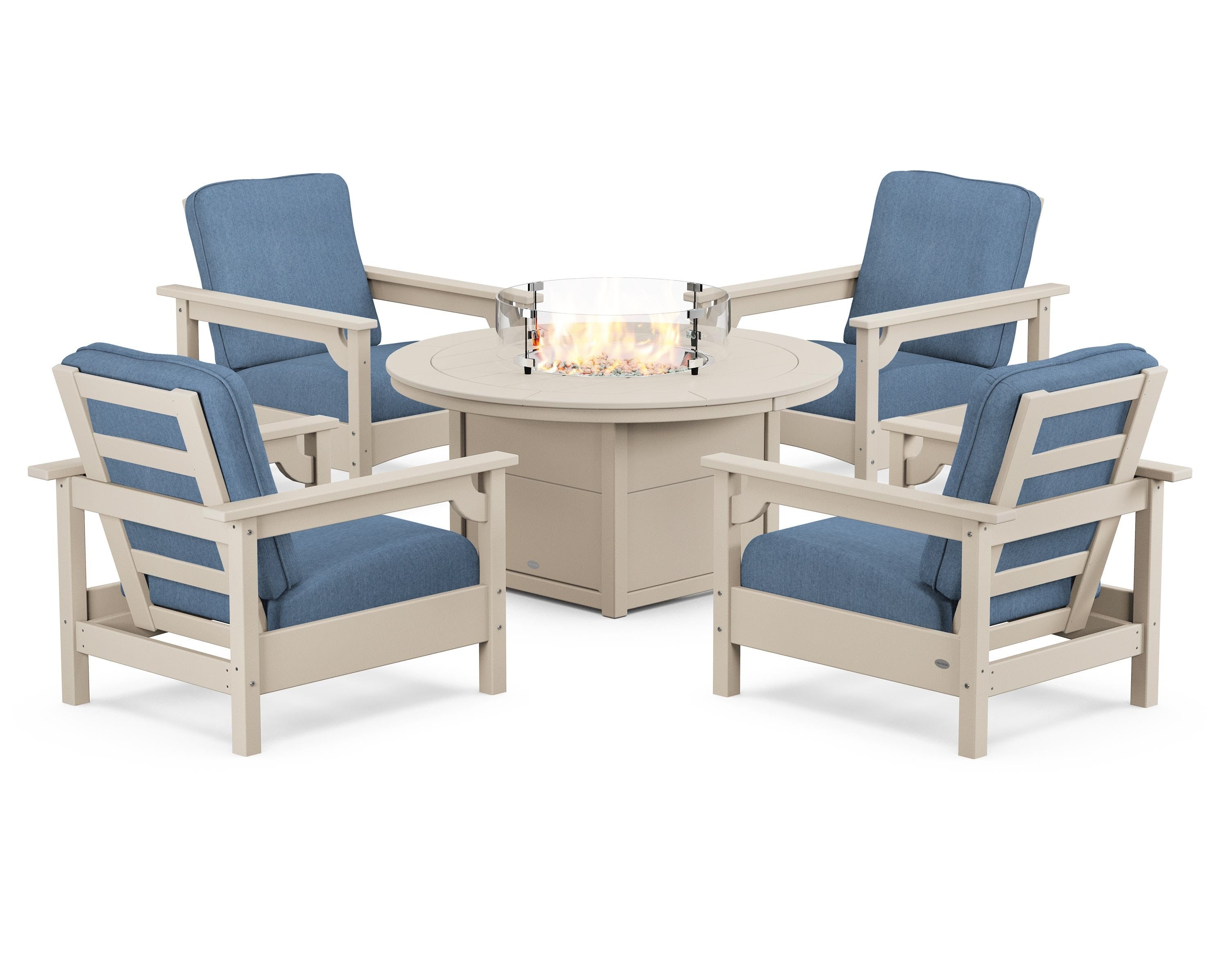 POLYWOOD Club 5-Piece Conversation Set with Fire Pit Table in Sand / Sky Blue