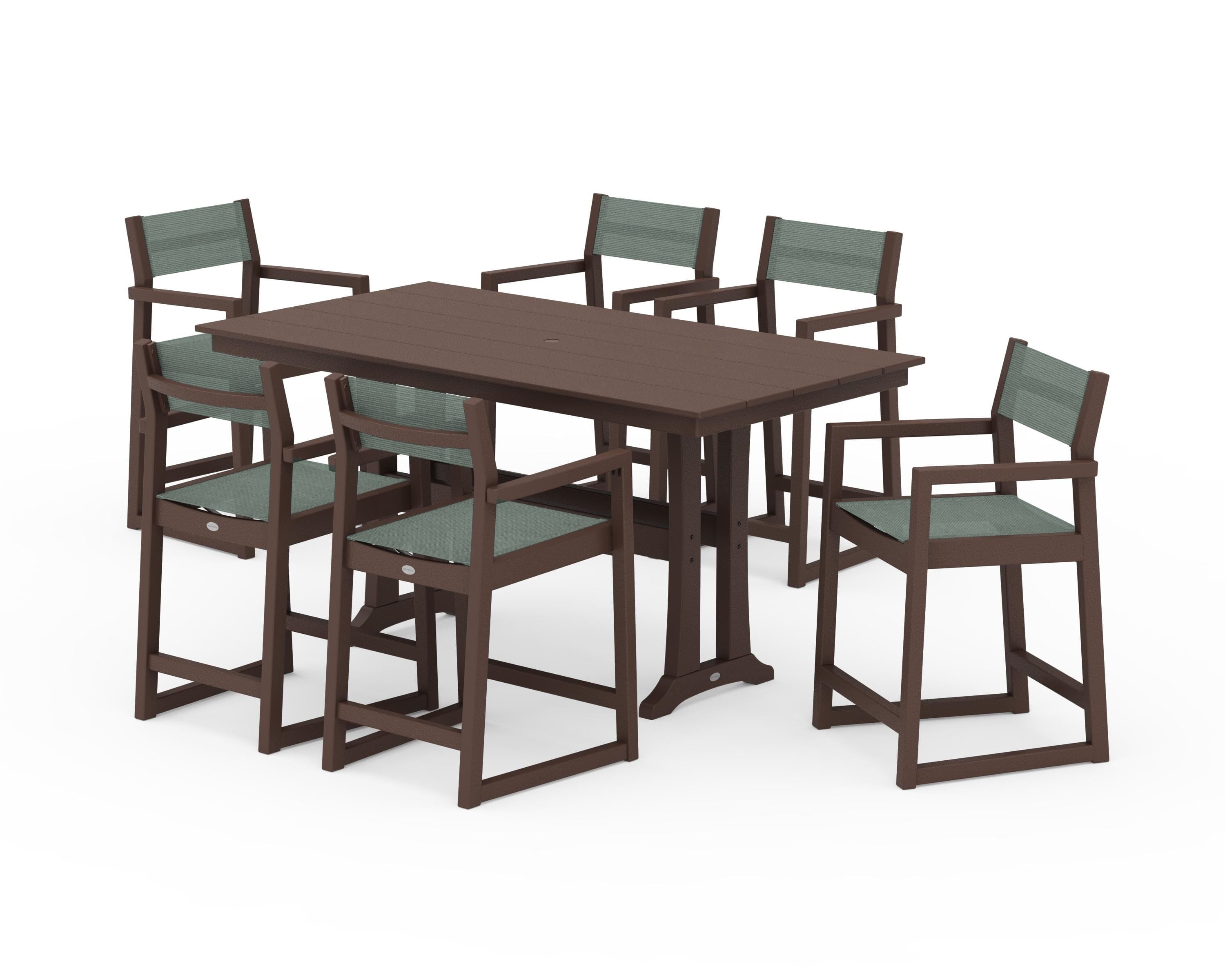 POLYWOOD EDGE Sling Arm Chair 7-Piece Farmhouse Counter Set with Trestle Legs in Mahogany / Dupioni Sea Mist Sling