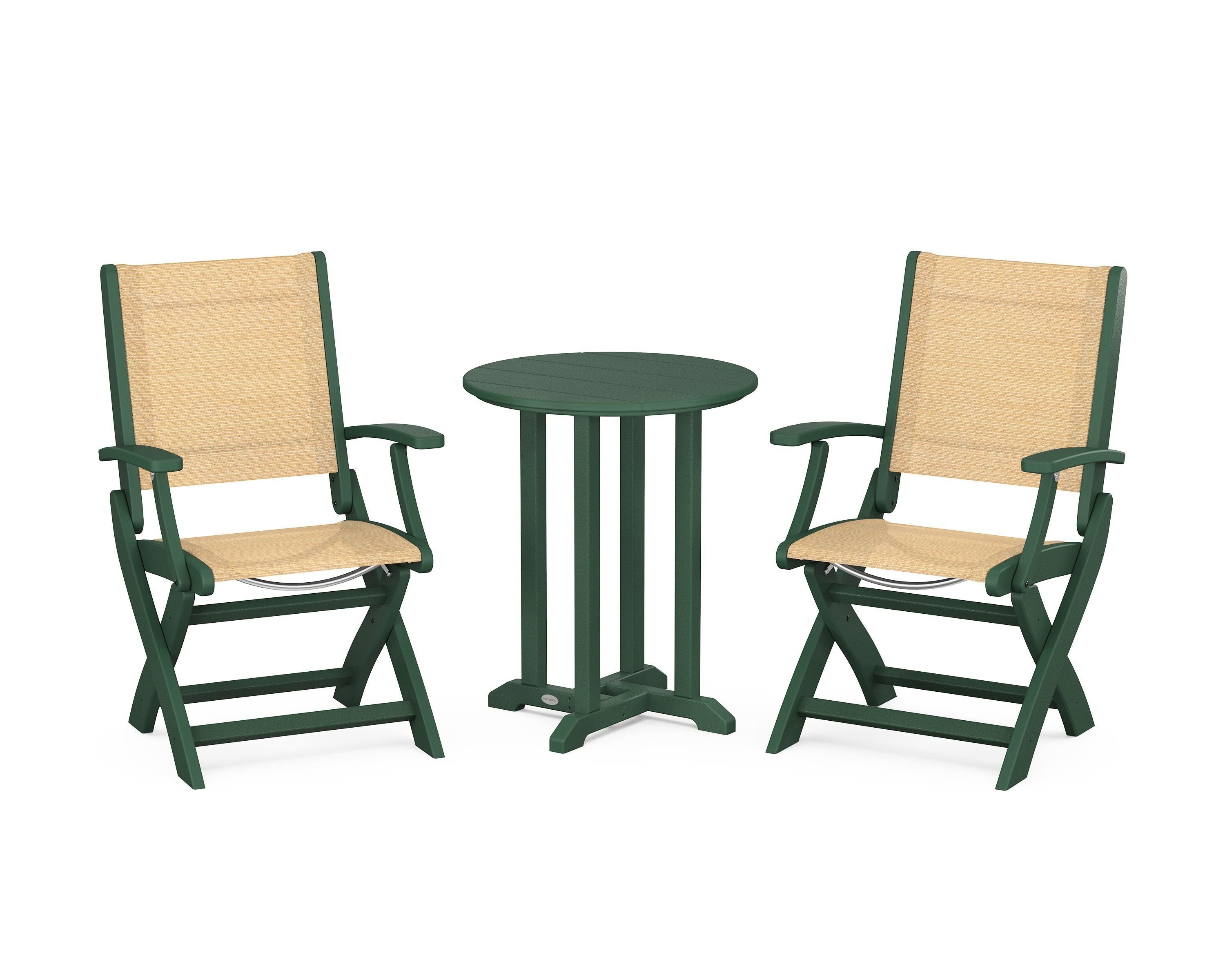 POLYWOOD Coastal Folding 3-Piece Round Bistro Dining Set in Green / Dupioni Apricot Sling