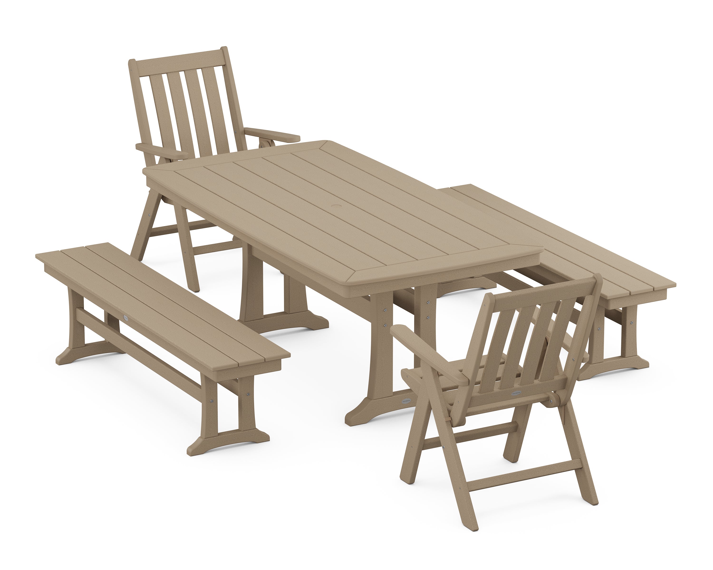 POLYWOOD Vineyard Folding Chair 5-Piece Dining Set with Trestle Legs and Benches in Vintage Sahara