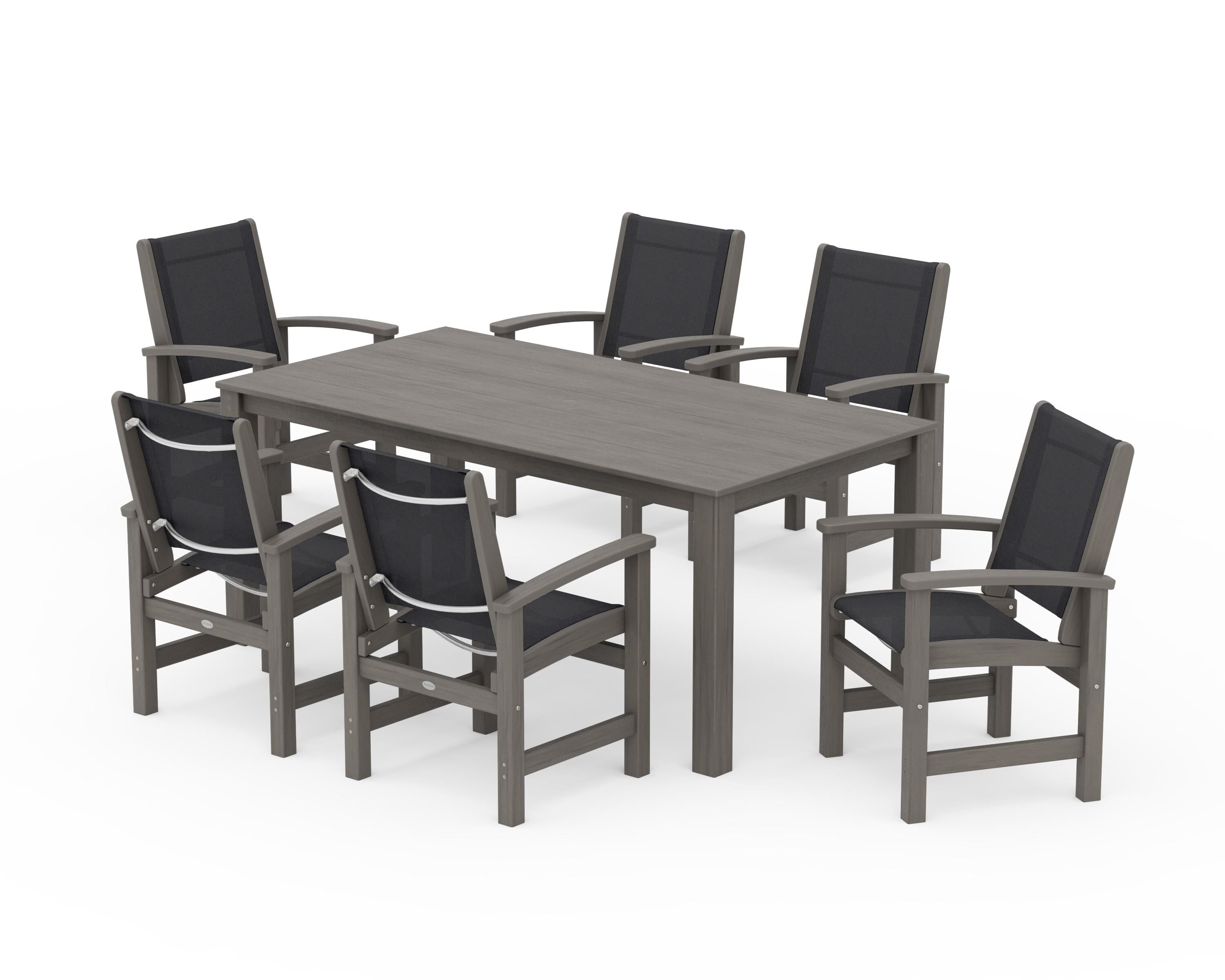 POLYWOOD Coastal 7-Piece Parsons Dining Set in Driftwood / Black Sling