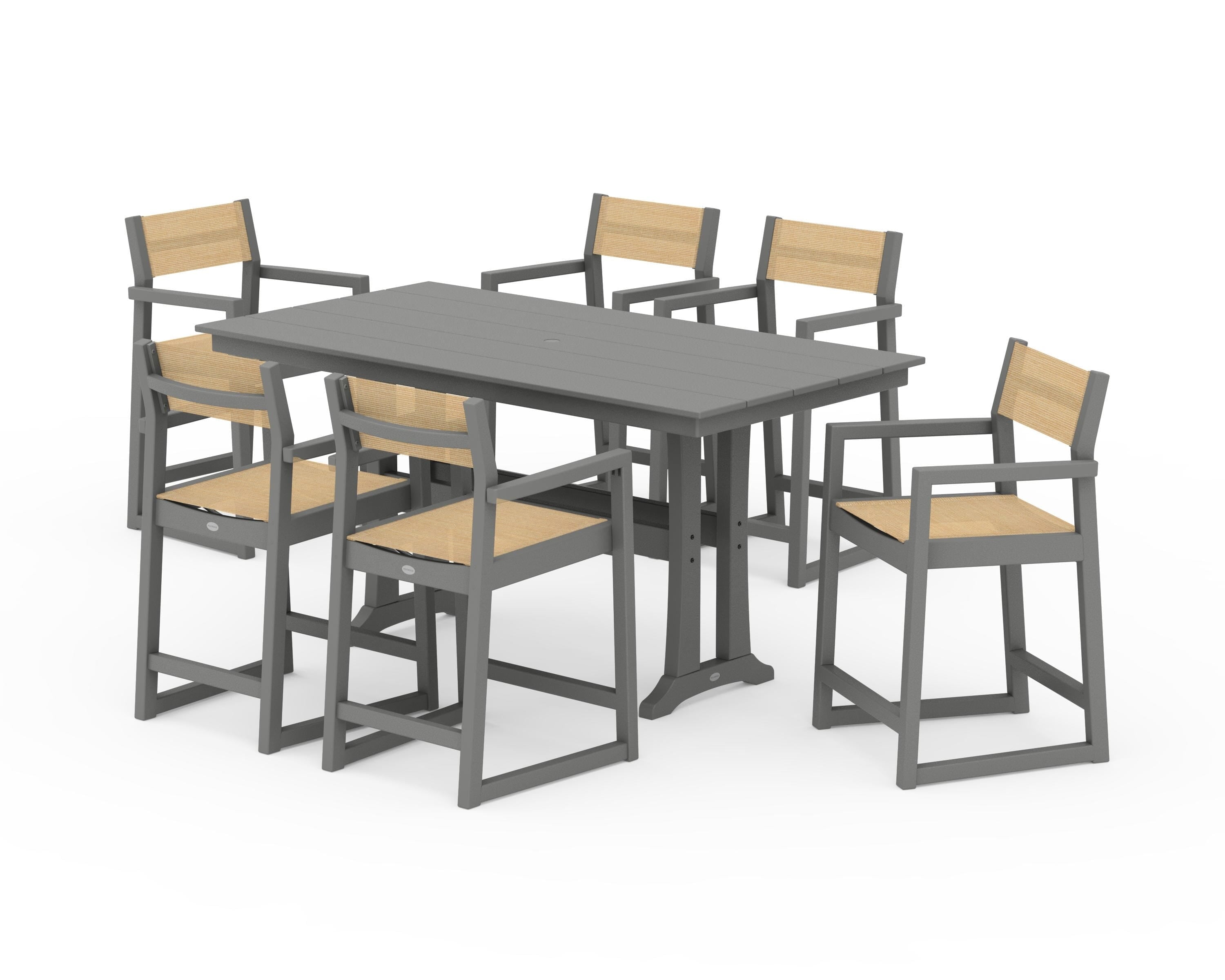 POLYWOOD EDGE Sling Arm Chair 7-Piece Farmhouse Counter Set with Trestle Legs in Slate Grey / Dupioni Apricot Sling