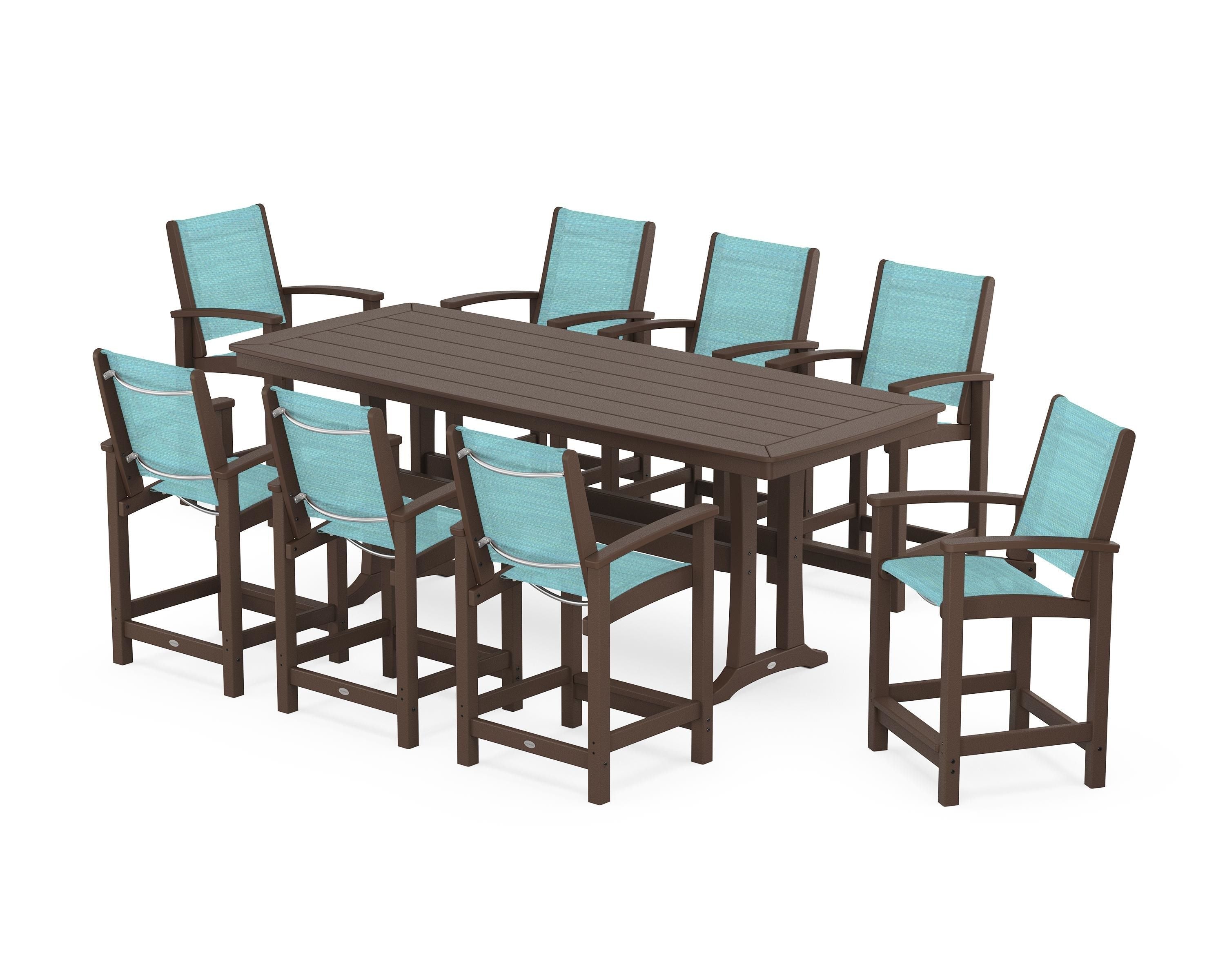 POLYWOOD Coastal 9-Piece Counter Set with Trestle Legs in Mahogany / Dupioni Aquamarine Sling