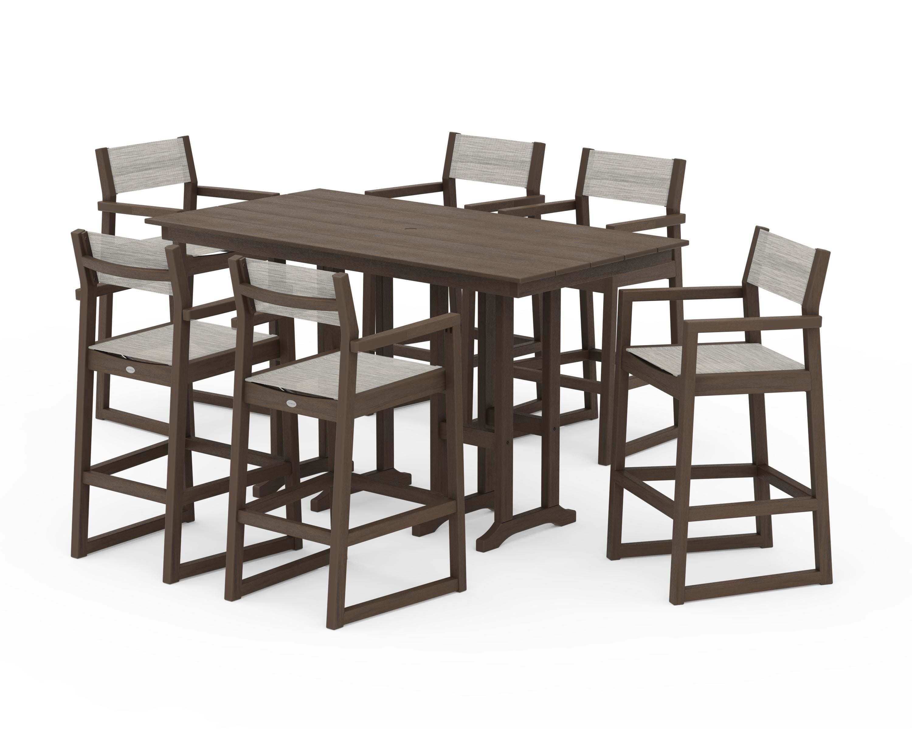 POLYWOOD EDGE Sling Arm Chair 7-Piece Farmhouse Bar Set in Kona / Birch Sling