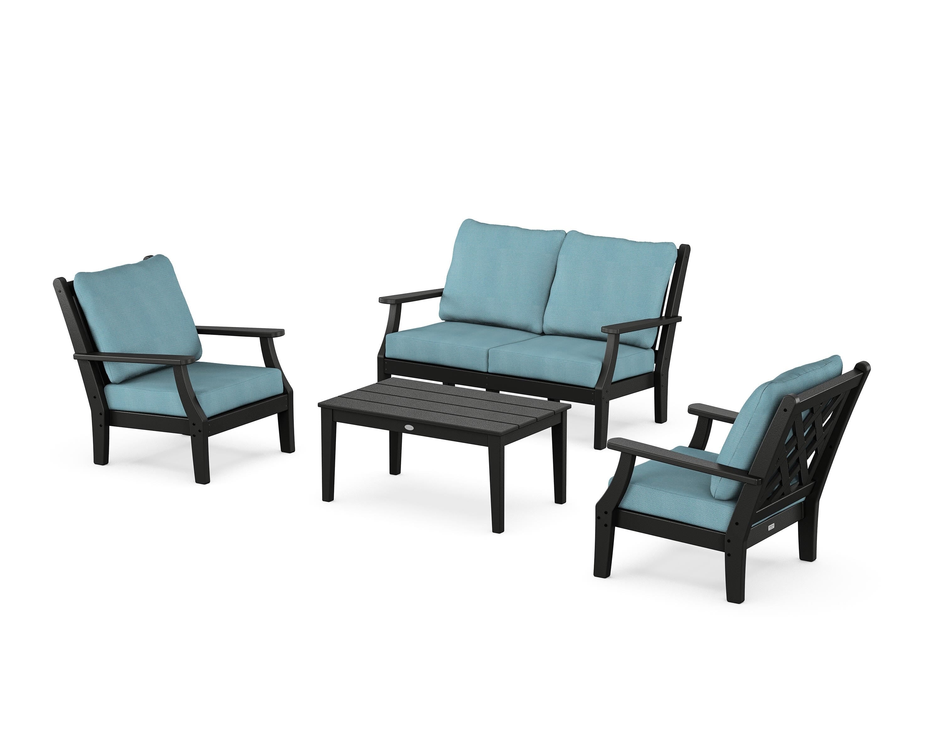 Country Living Wovendale 4-Piece Deep Seating Set with Loveseat in Black / Lattice Sky Blue