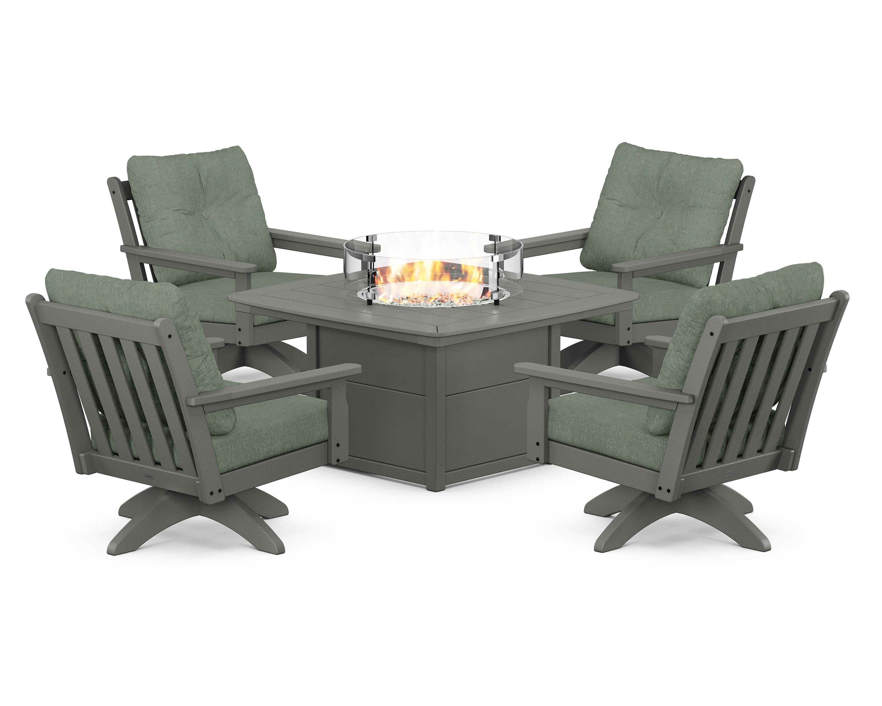 POLYWOOD Vineyard 5-Piece Deep Seating Swivel Conversation Set with Fire Pit Table in Slate Grey / Cast Sage