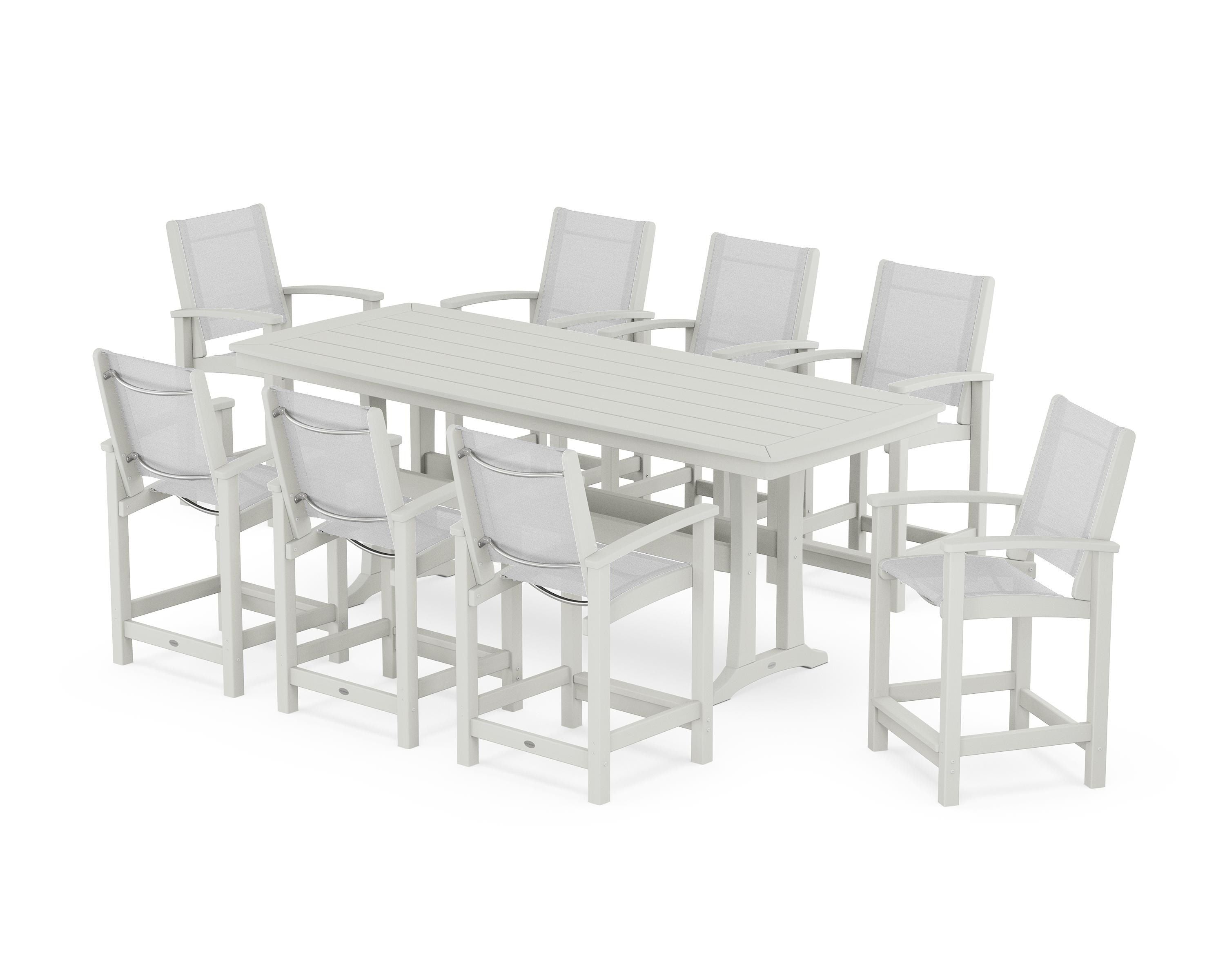 POLYWOOD Coastal 9-Piece Counter Set with Trestle Legs in Vintage White / White Sling