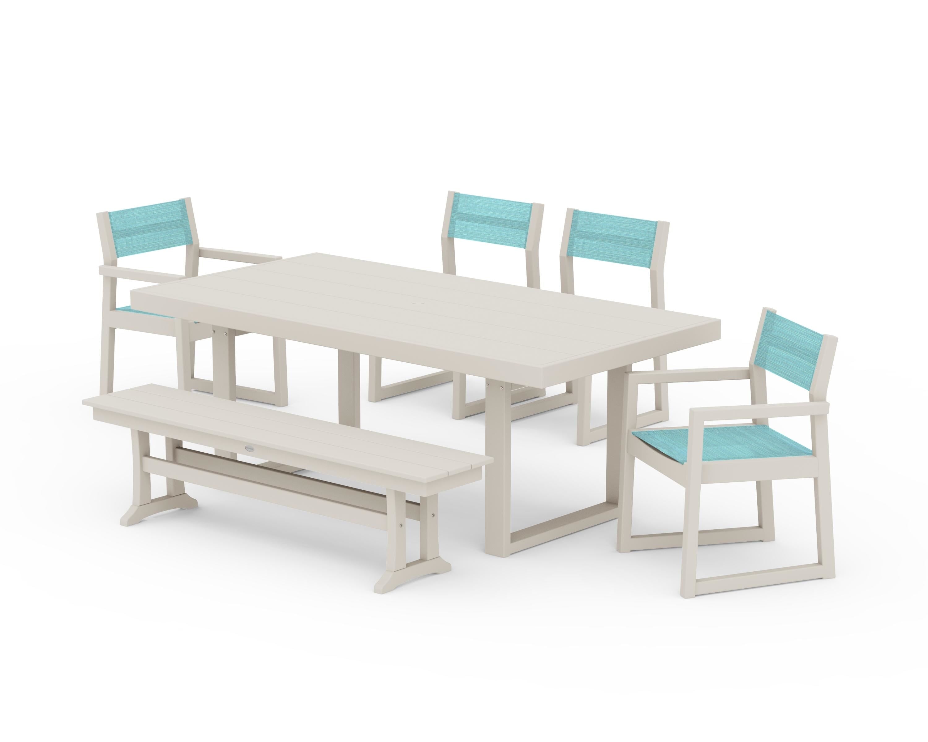 POLYWOOD EDGE Sling 6-Piece Dining Set with Bench in Sand / Dupioni Aquamarine Sling