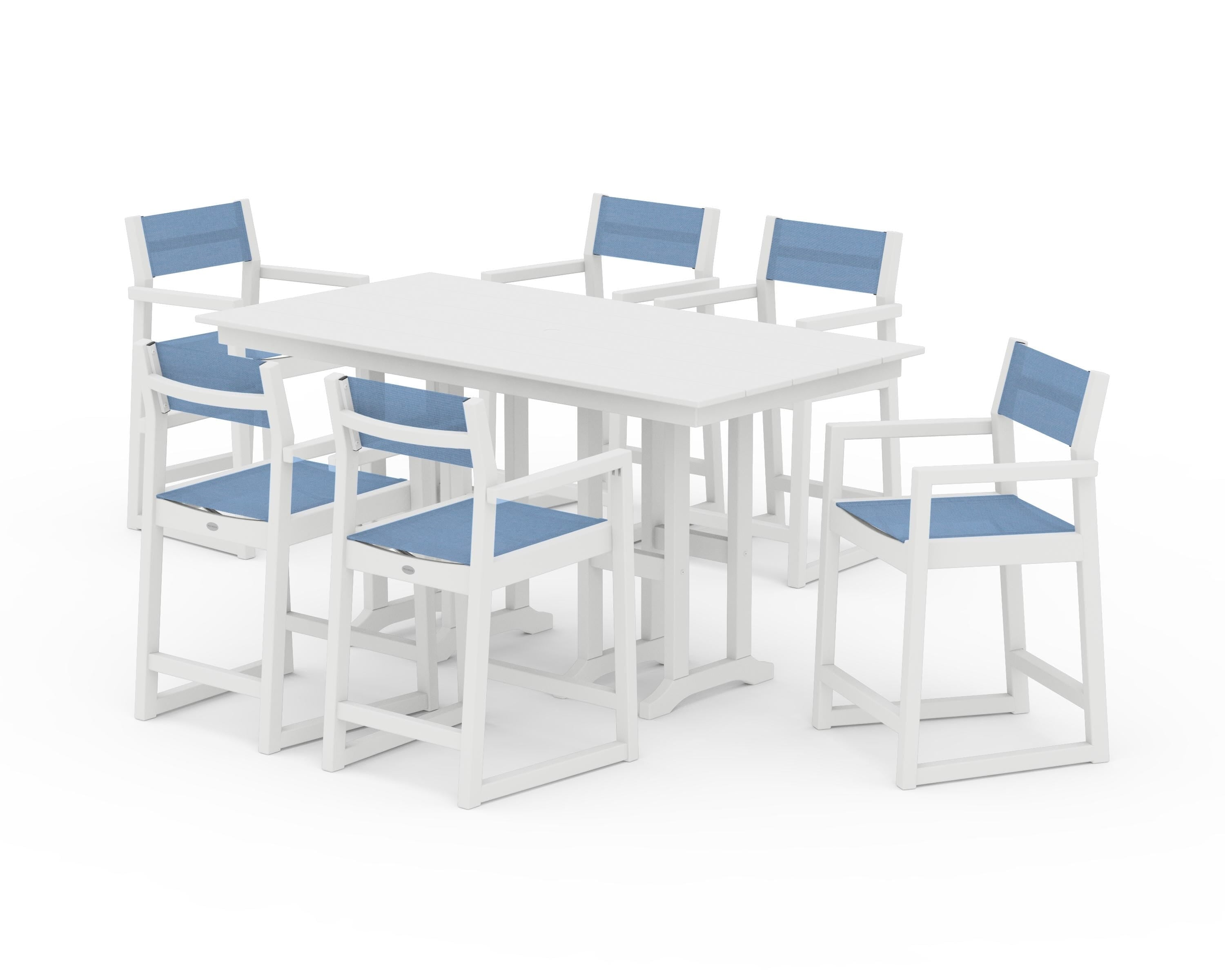 POLYWOOD EDGE Sling Arm Chair 7-Piece Farmhouse Counter Set in White / Poolside Sling