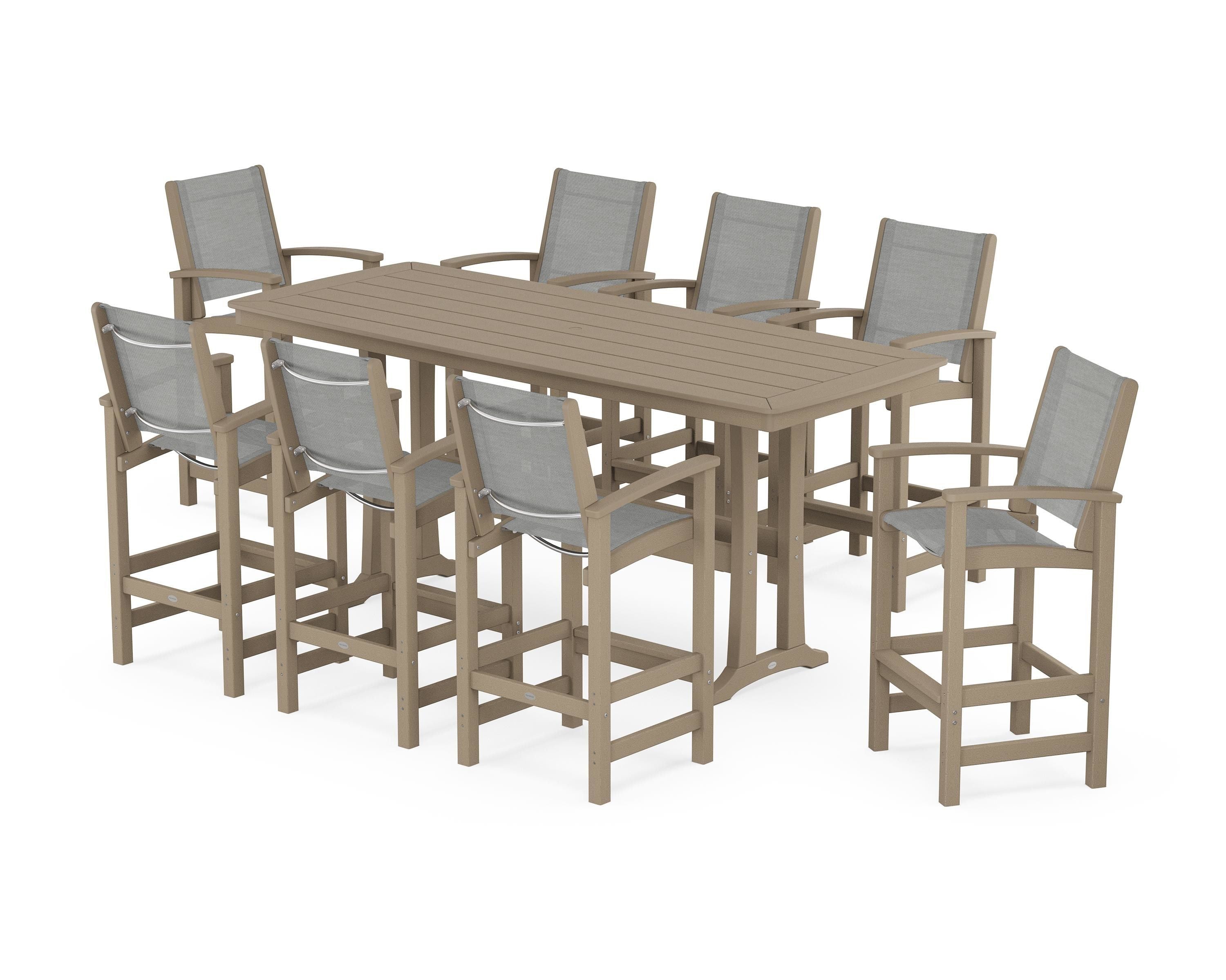 POLYWOOD Coastal 9-Piece Bar Set with Trestle Legs in Vintage Sahara / Metallic Sling