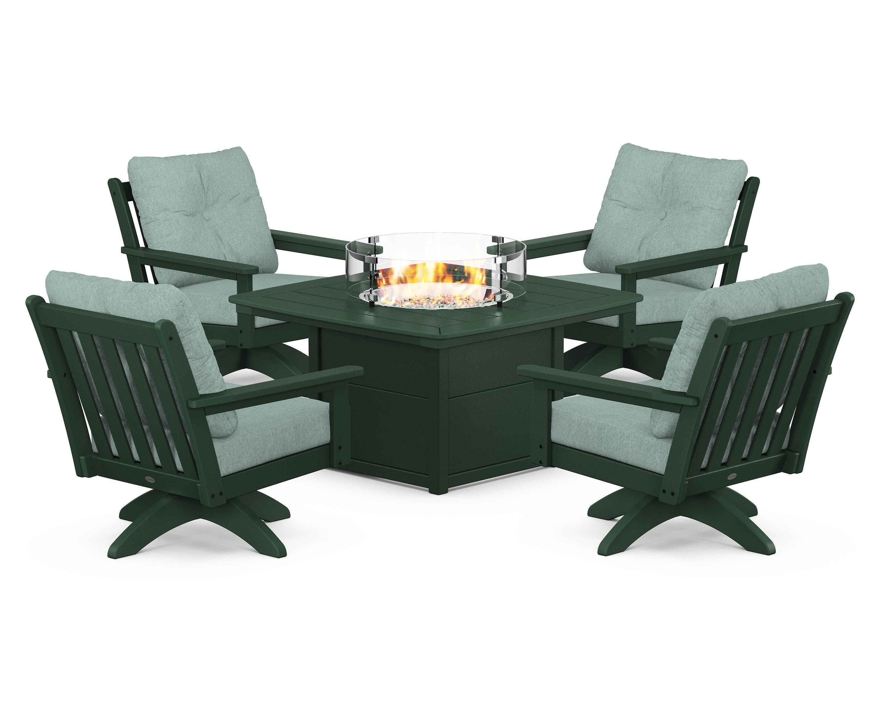 POLYWOOD Vineyard 5-Piece Deep Seating Swivel Conversation Set with Fire Pit Table in Green / Glacier Spa