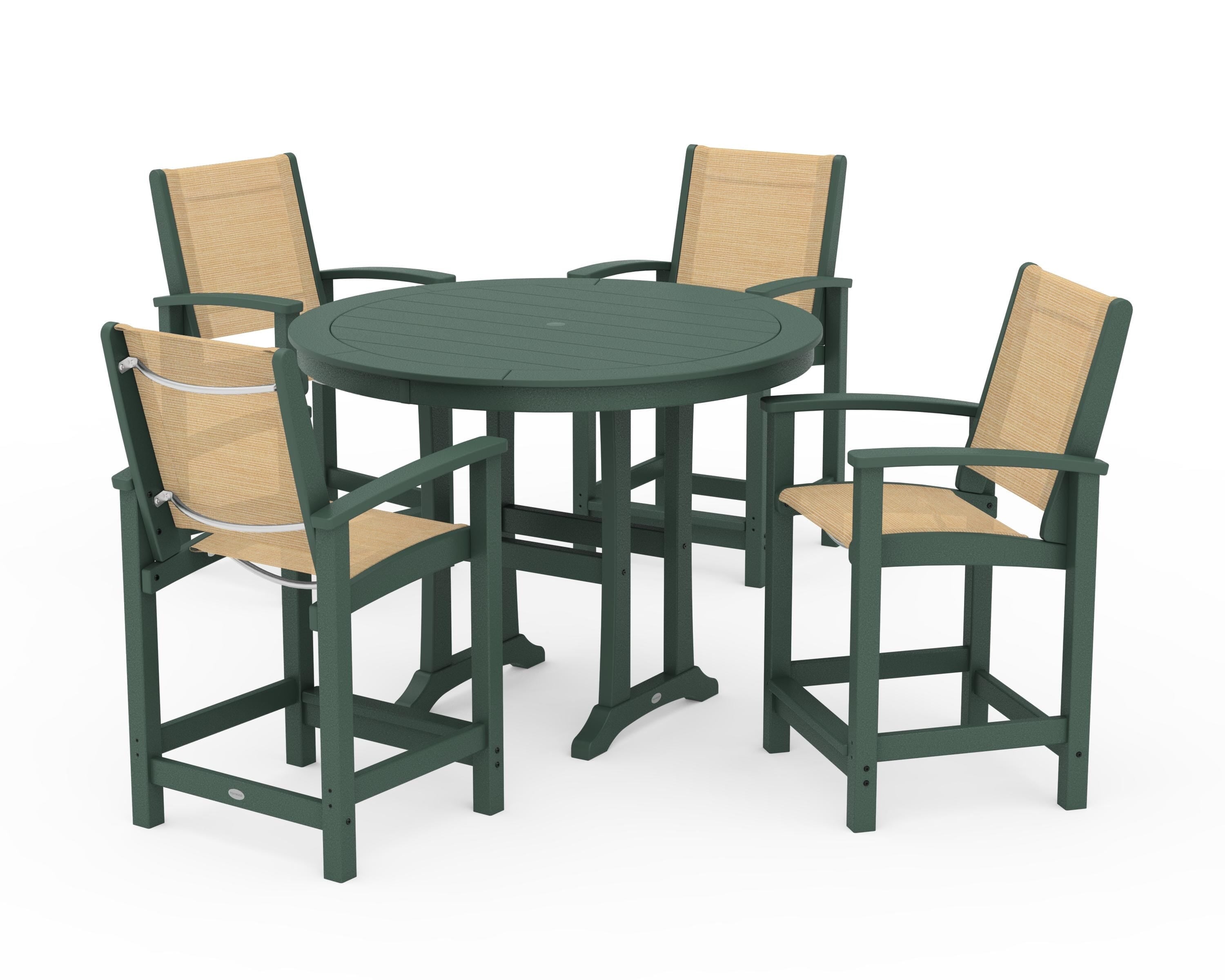 POLYWOOD Coastal 5-Piece Counter Set in Green / Dupioni Apricot Sling