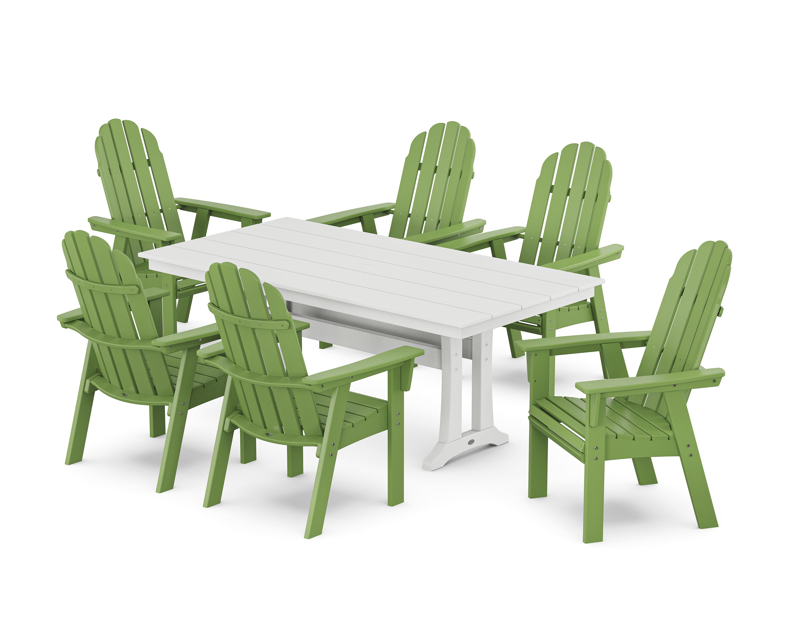 POLYWOOD Vineyard Curveback Adirondack Chair 7-Piece Farmhouse Dining Set with Trestle Legs in Lime / White