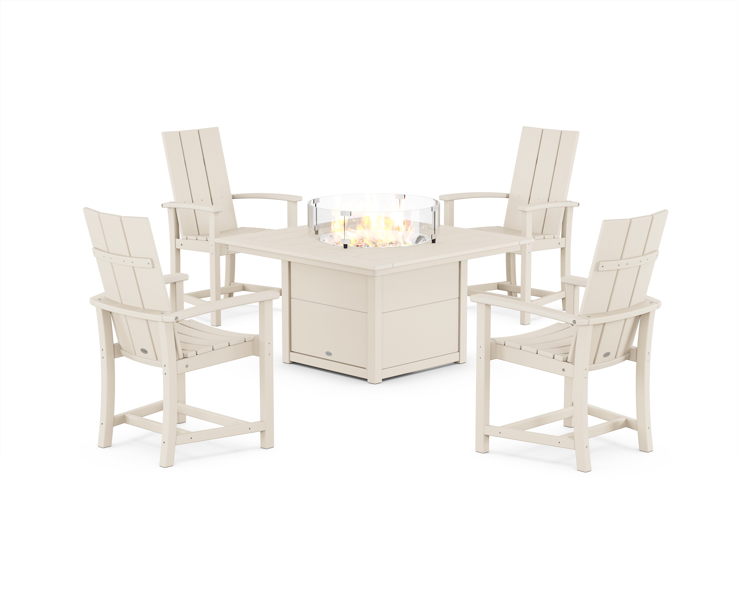 POLYWOOD Modern 4-Piece Upright Adirondack Conversation Set with Fire Pit Table in Sand