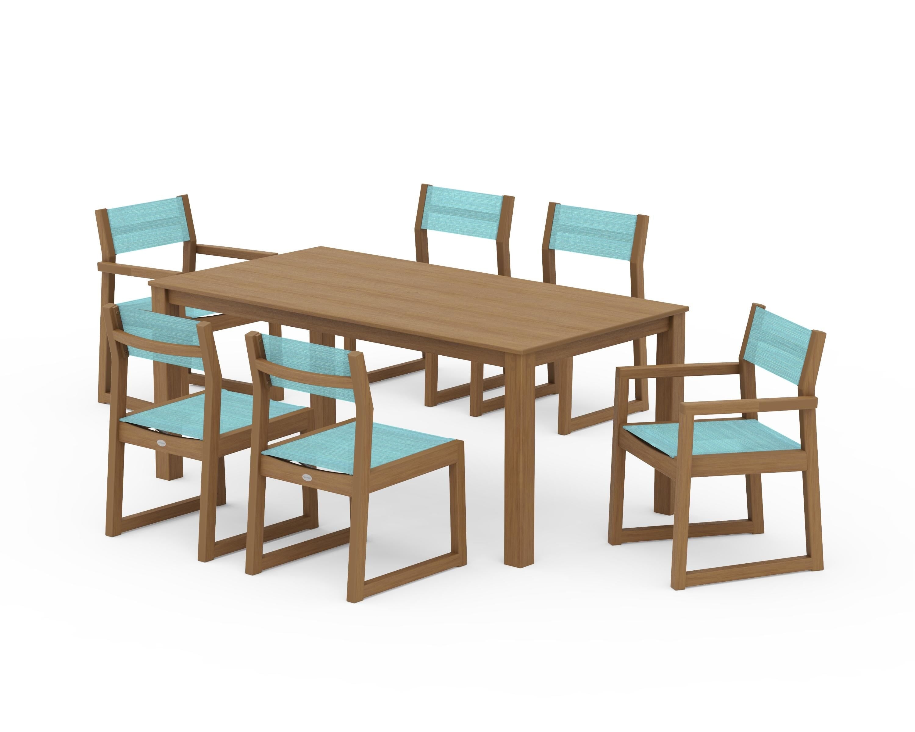 POLYWOOD EDGE Sling 7-Piece Parsons Dining Set in Natural / Dupioni Aquamarine Sling