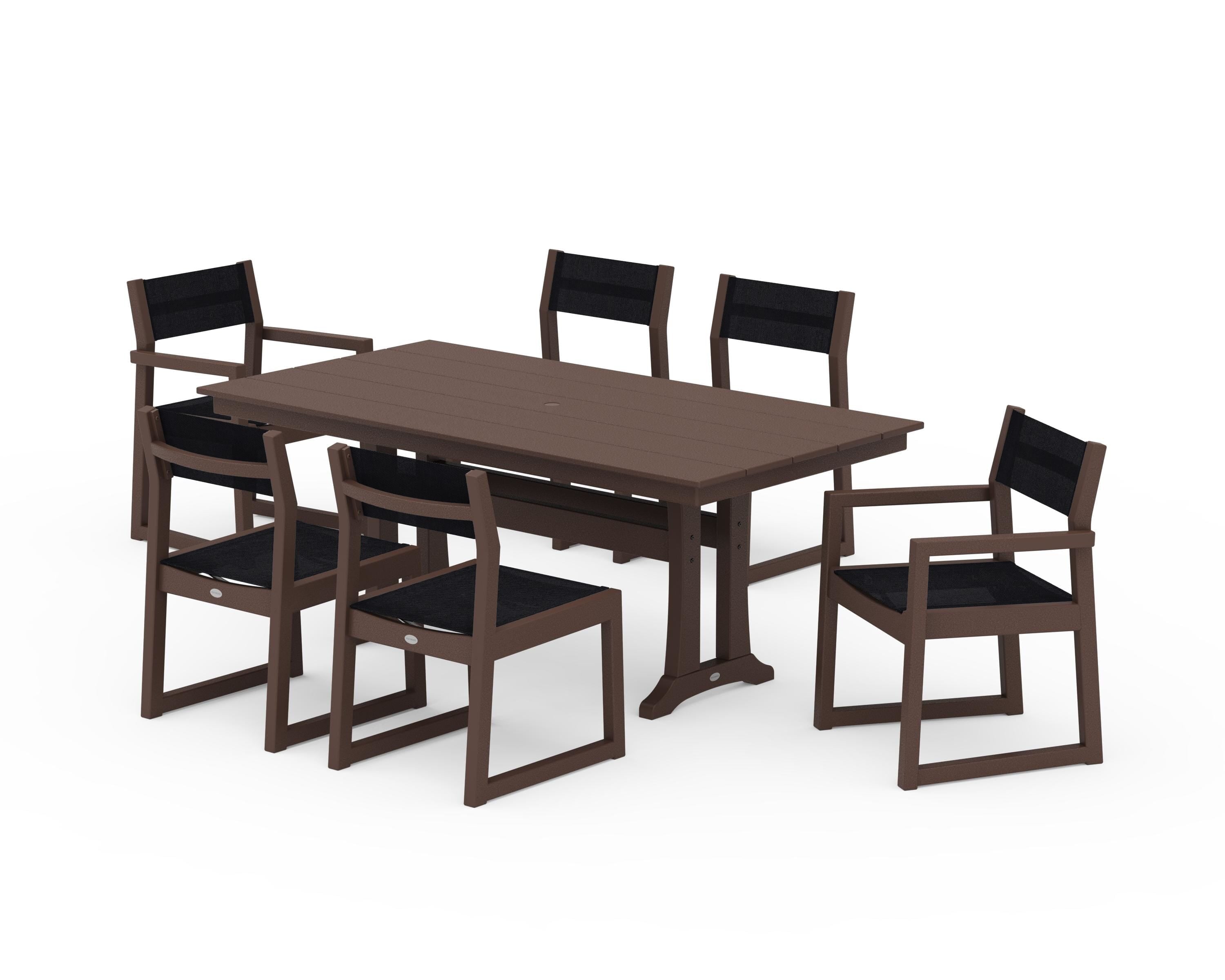 POLYWOOD EDGE Sling 7-Piece Farmhouse Trestle Dining Set in Mahogany / Black Sling