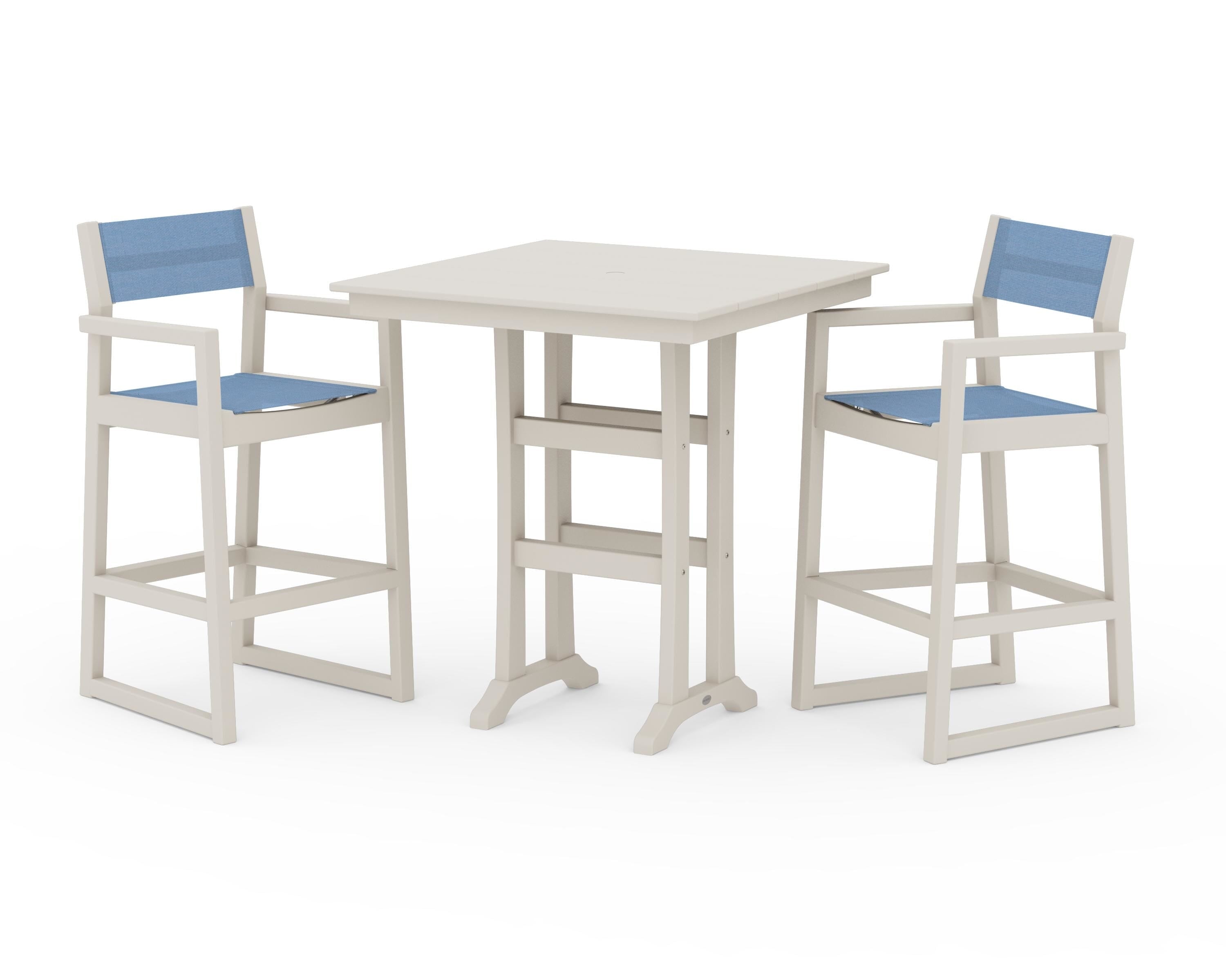 POLYWOOD EDGE Sling Arm Chair 3-Piece Farmhouse Bar Set with Trestle Legs in Sand / Poolside Sling