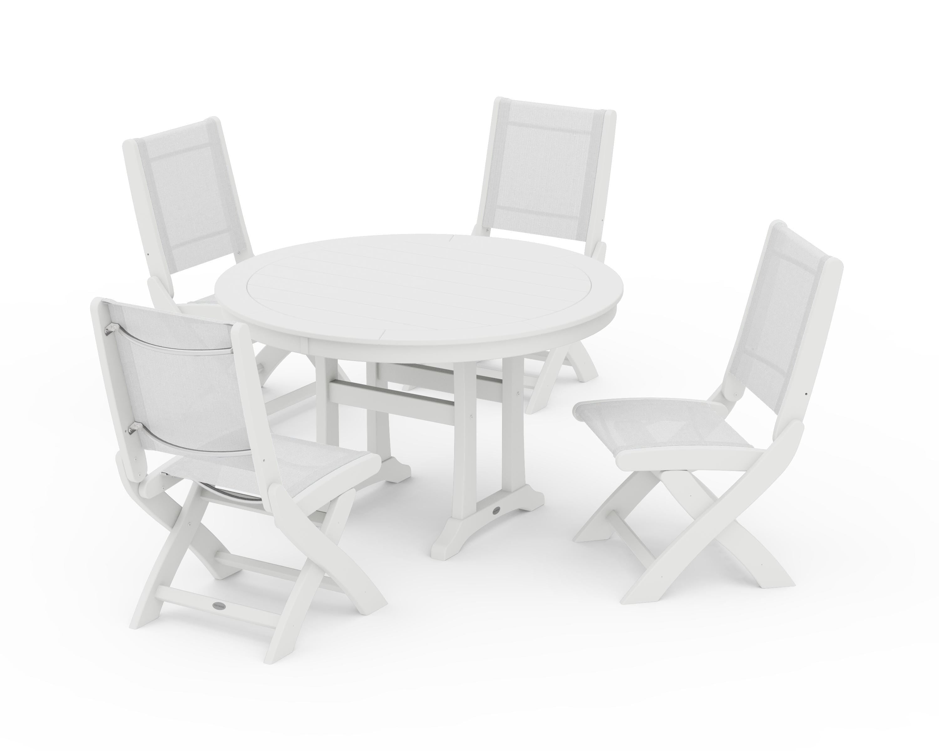 POLYWOOD Coastal Folding Side Chair 5-Piece Round Dining Set With Trestle Legs in White / White Sling