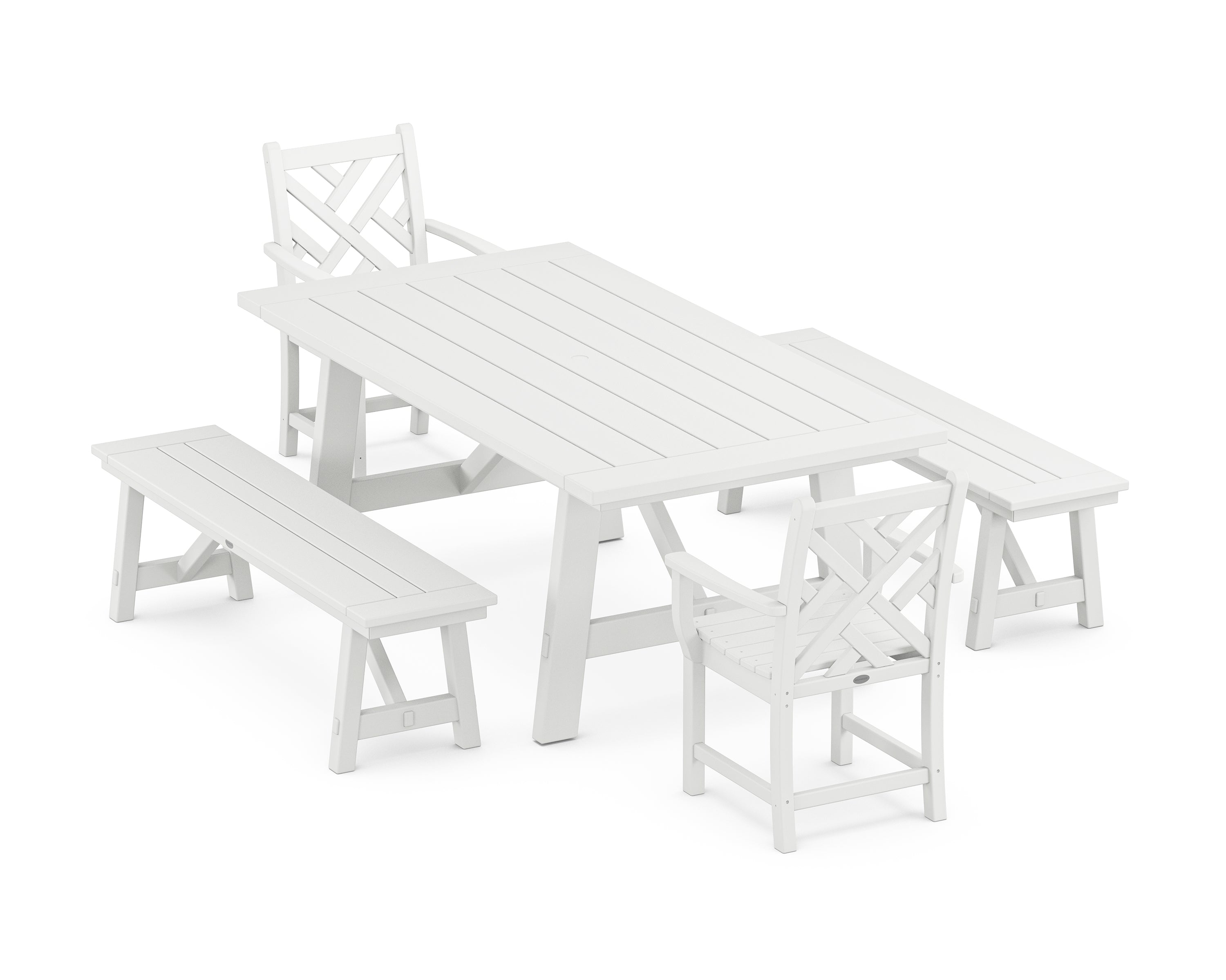 POLYWOOD Chippendale 5-Piece Rustic Farmhouse Dining Set With Benches in White