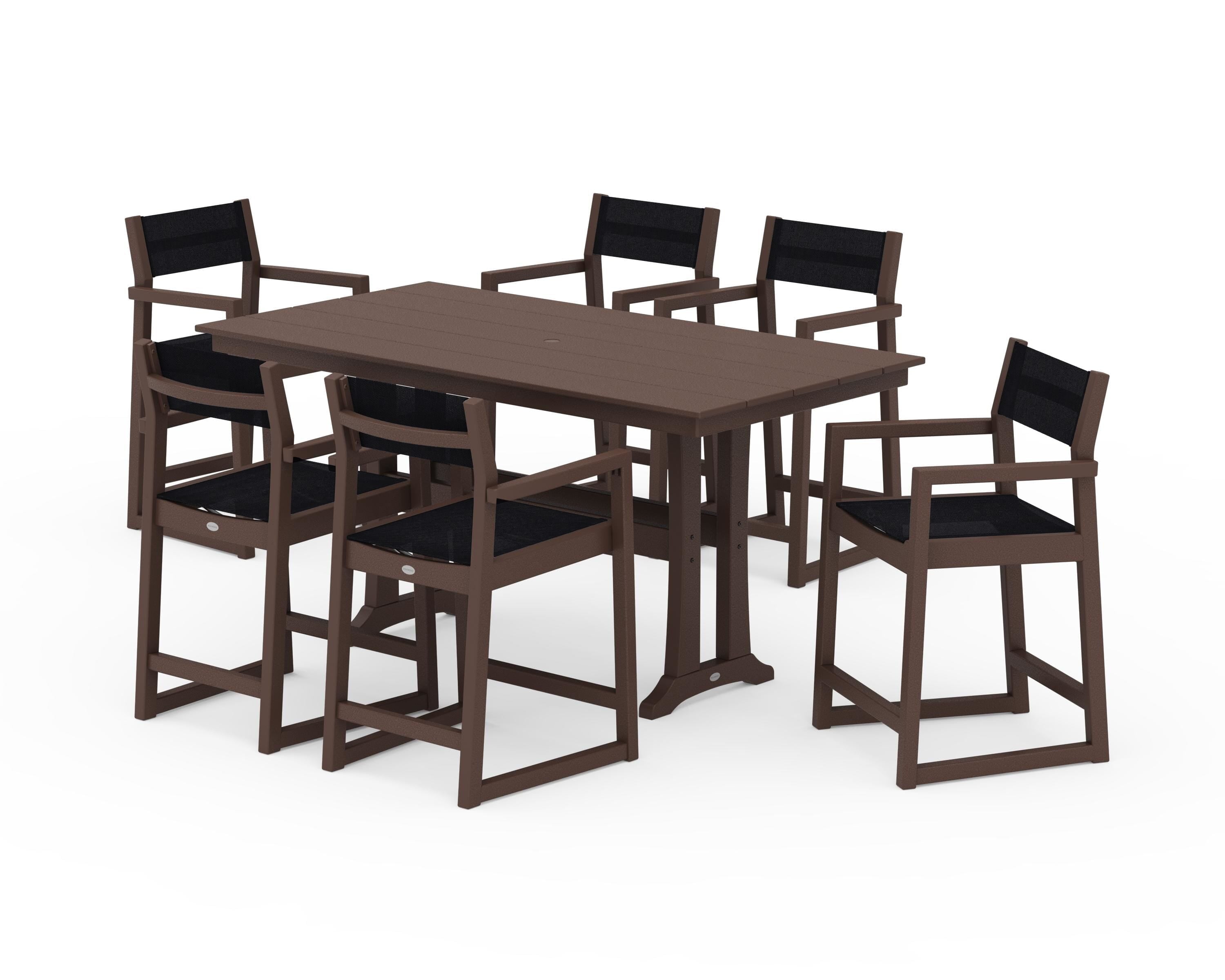 POLYWOOD EDGE Sling Arm Chair 7-Piece Farmhouse Counter Set with Trestle Legs in Mahogany / Black Sling