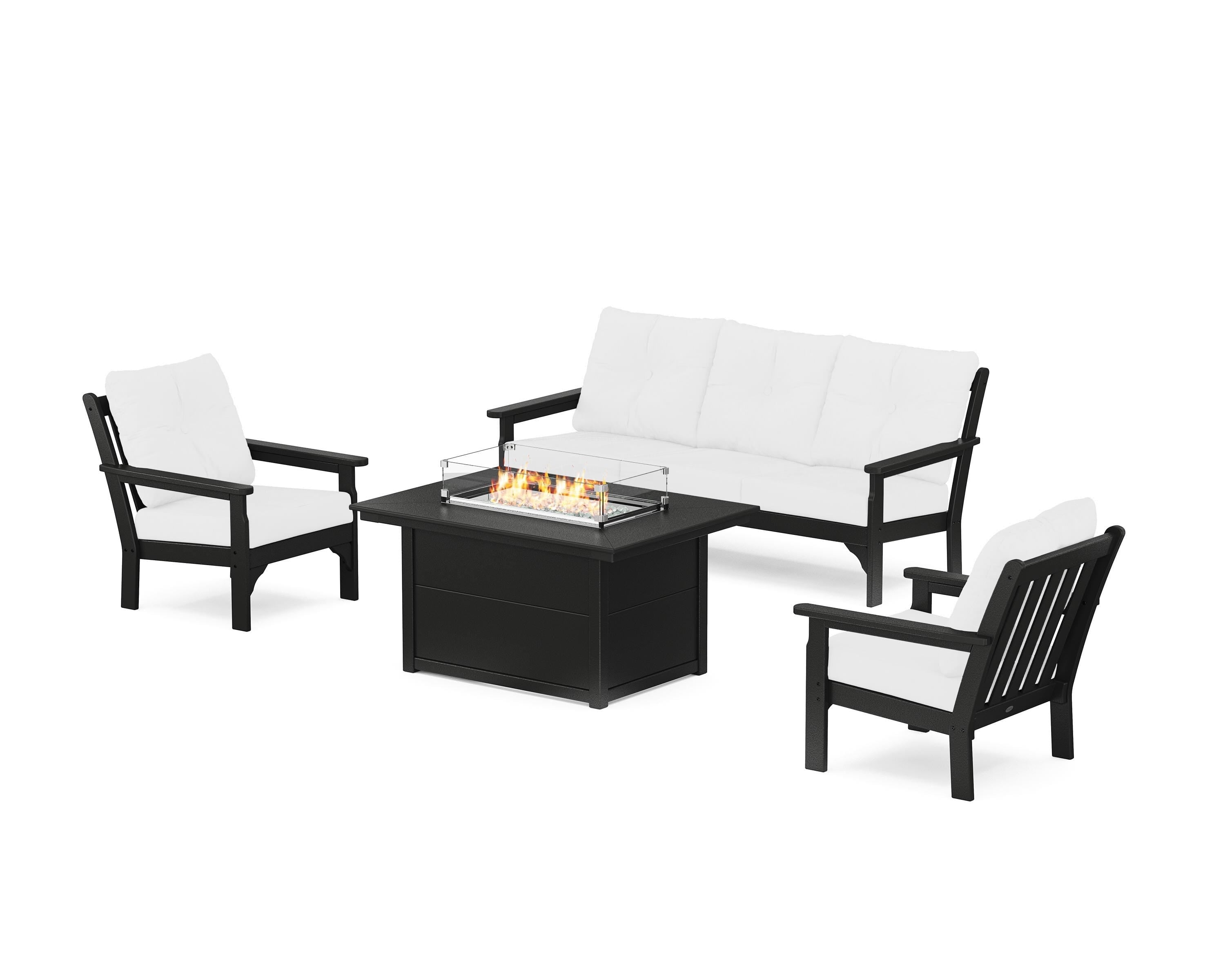POLYWOOD Vineyard Deep Seating Fire Pit Table Set in Black / Natural