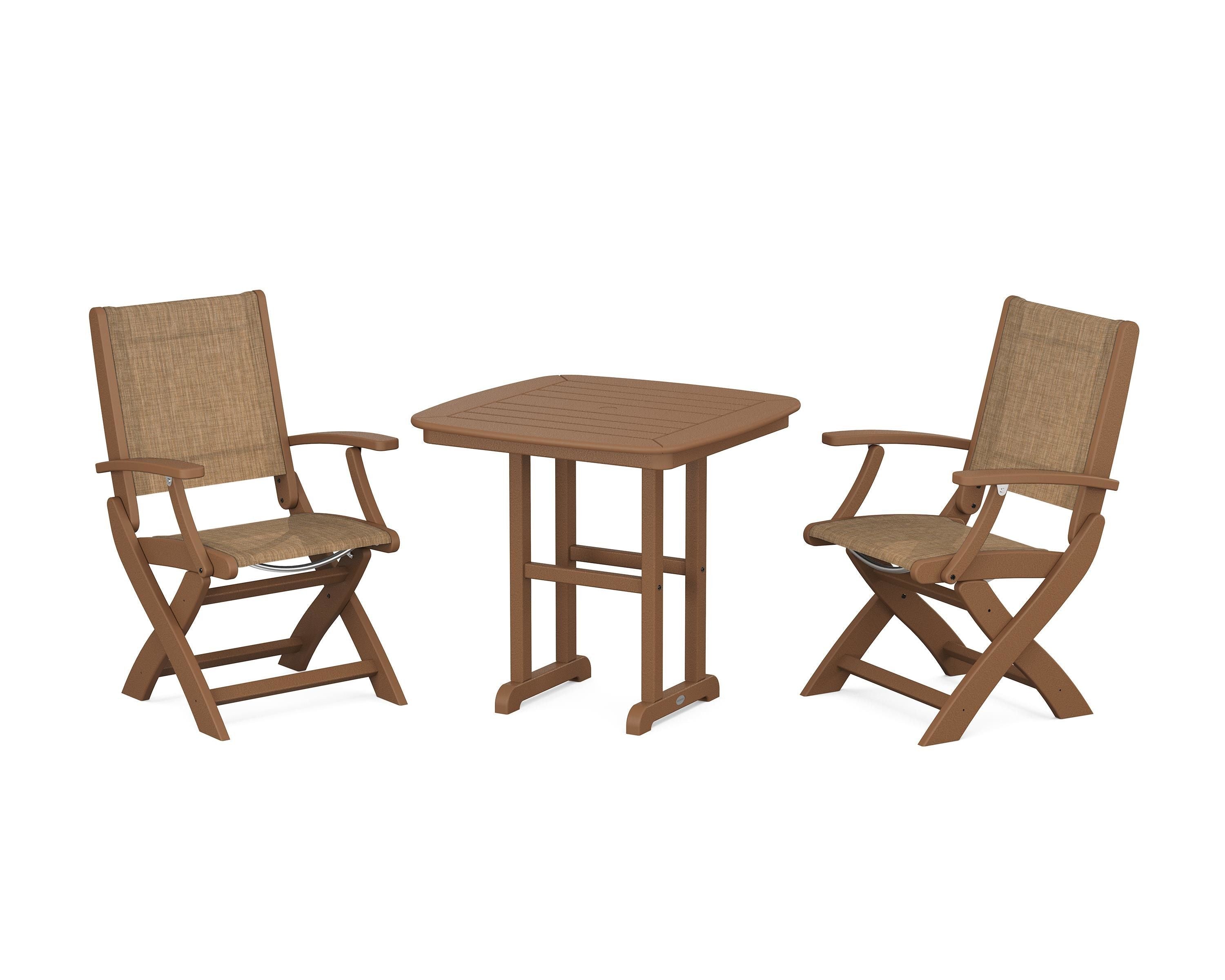 POLYWOOD Coastal Folding Chair 3-Piece Dining Set in Teak / Burlap Sling