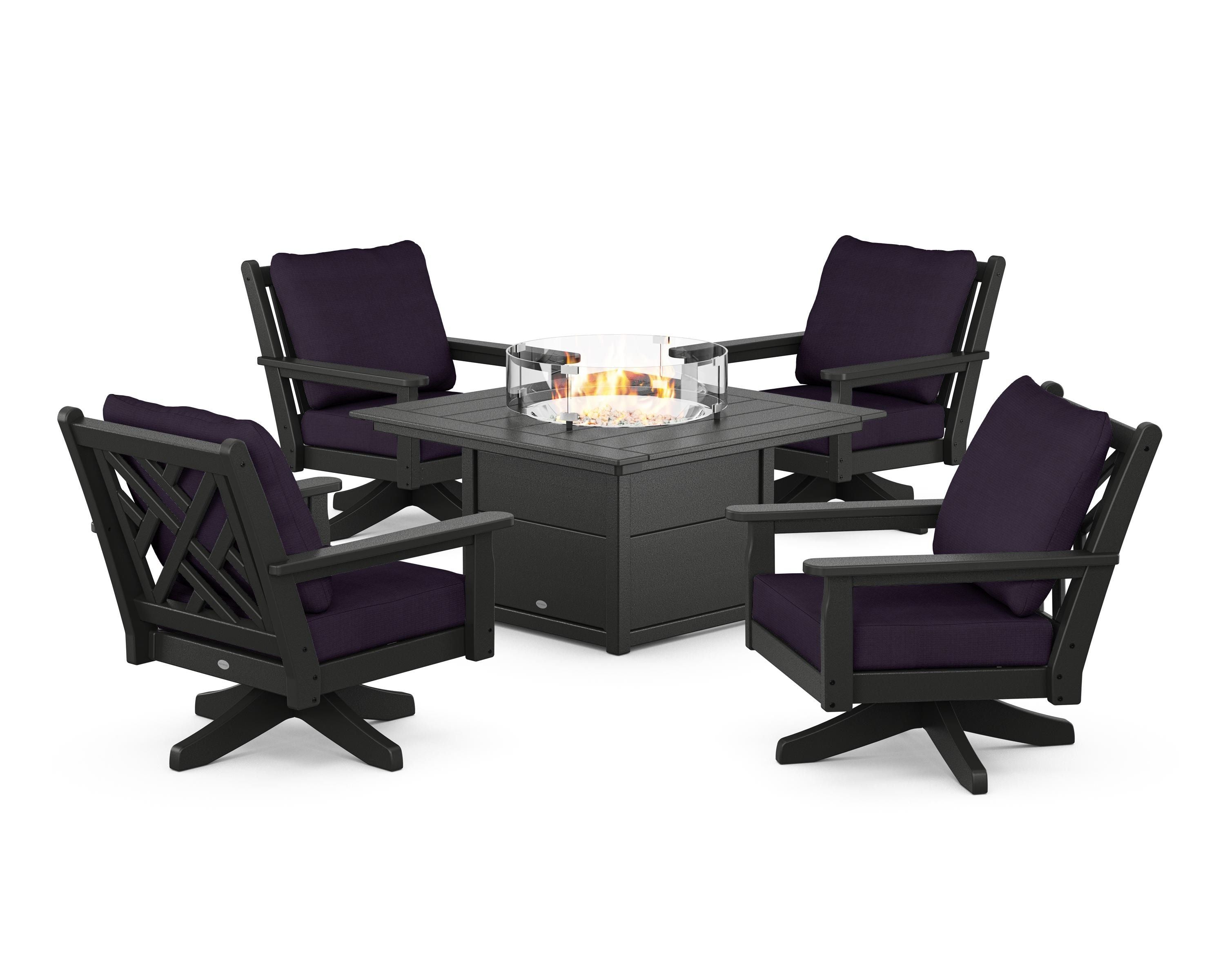 POLYWOOD Chippendale 5-Piece Deep Seating Swivel Conversation Set with Fire Pit Table in Black / Navy Linen