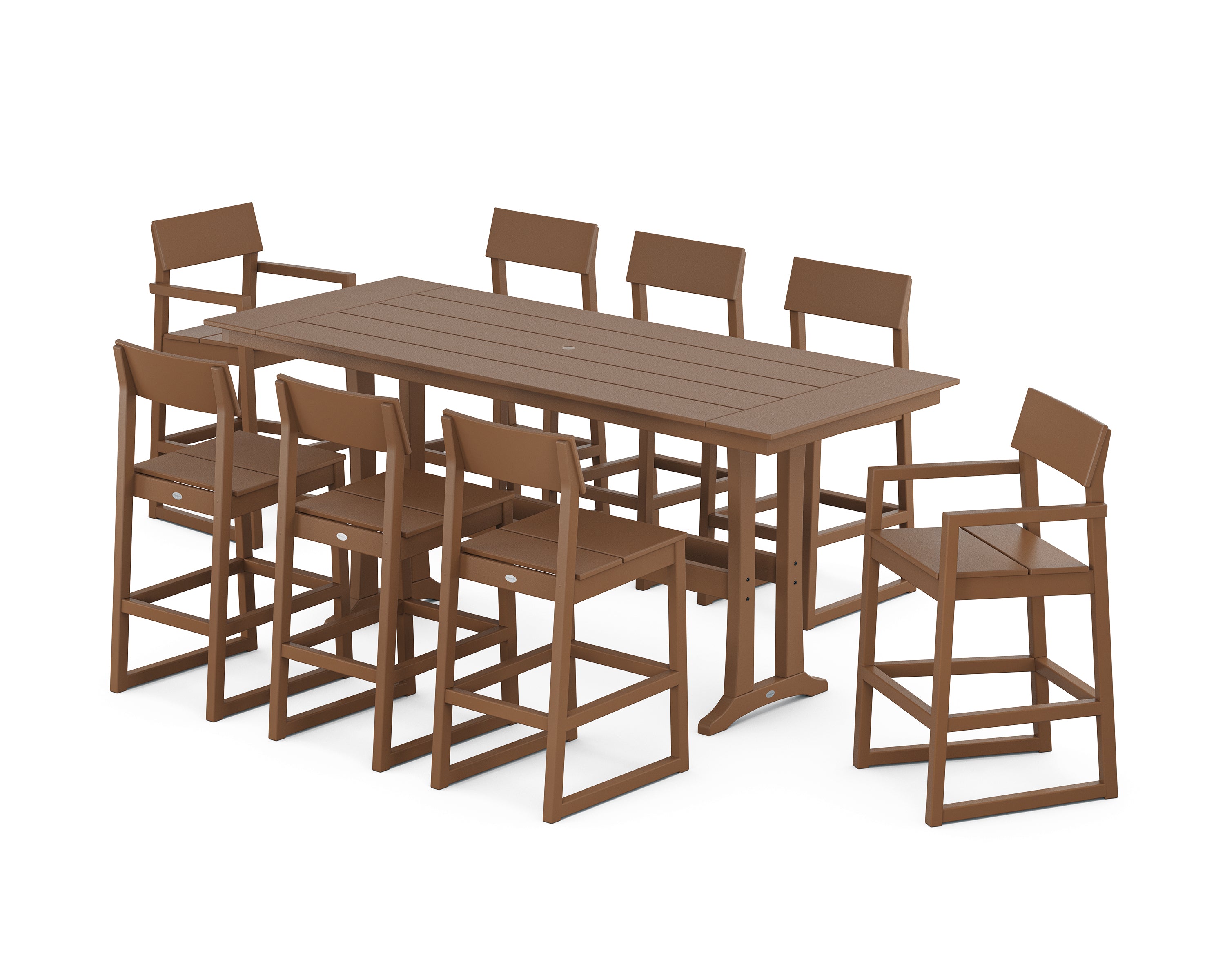 POLYWOOD EDGE 9-Piece Farmhouse Bar Set with Trestle Legs in Teak