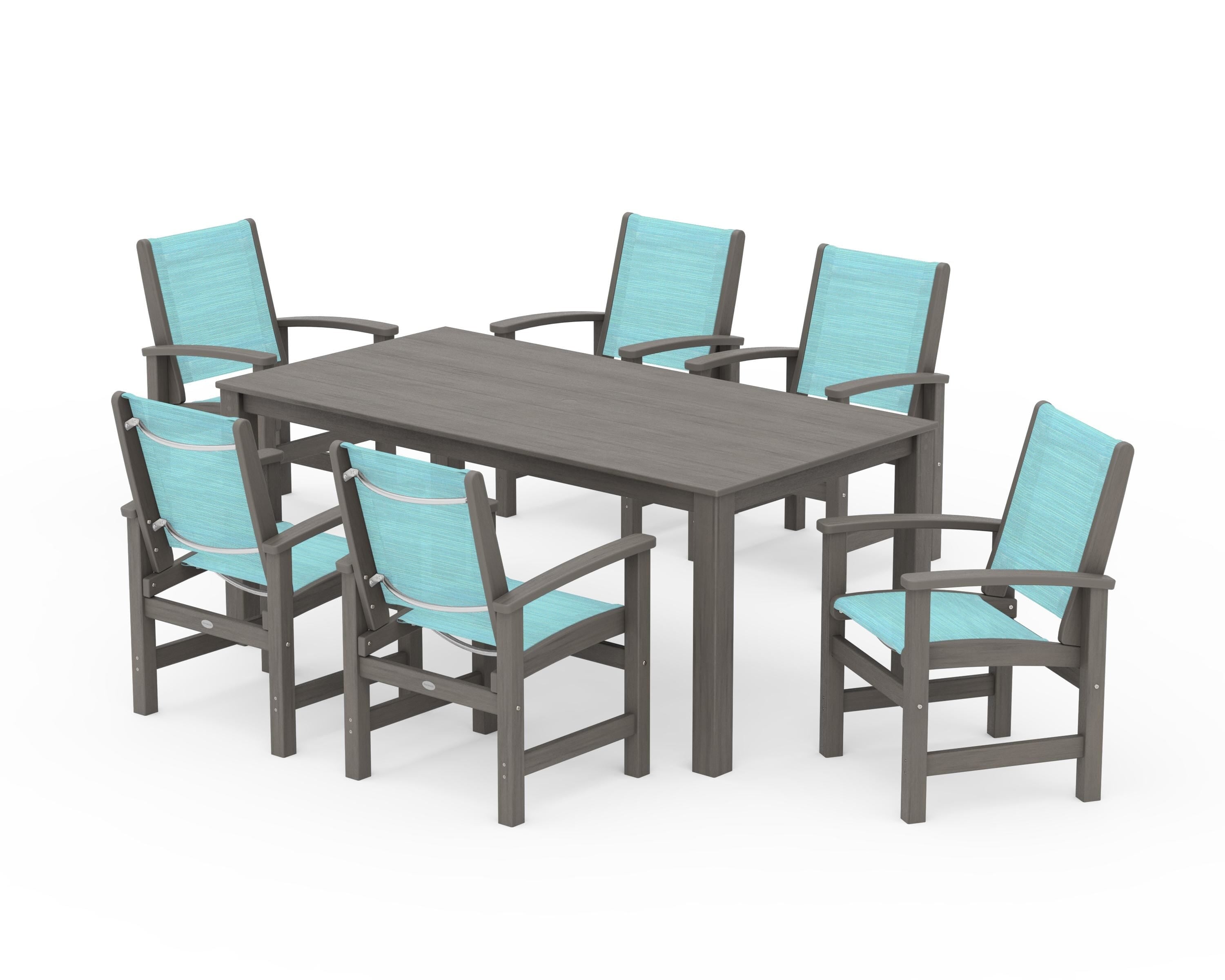 POLYWOOD Coastal 7-Piece Parsons Dining Set in Driftwood / Dupioni Aquamarine Sling