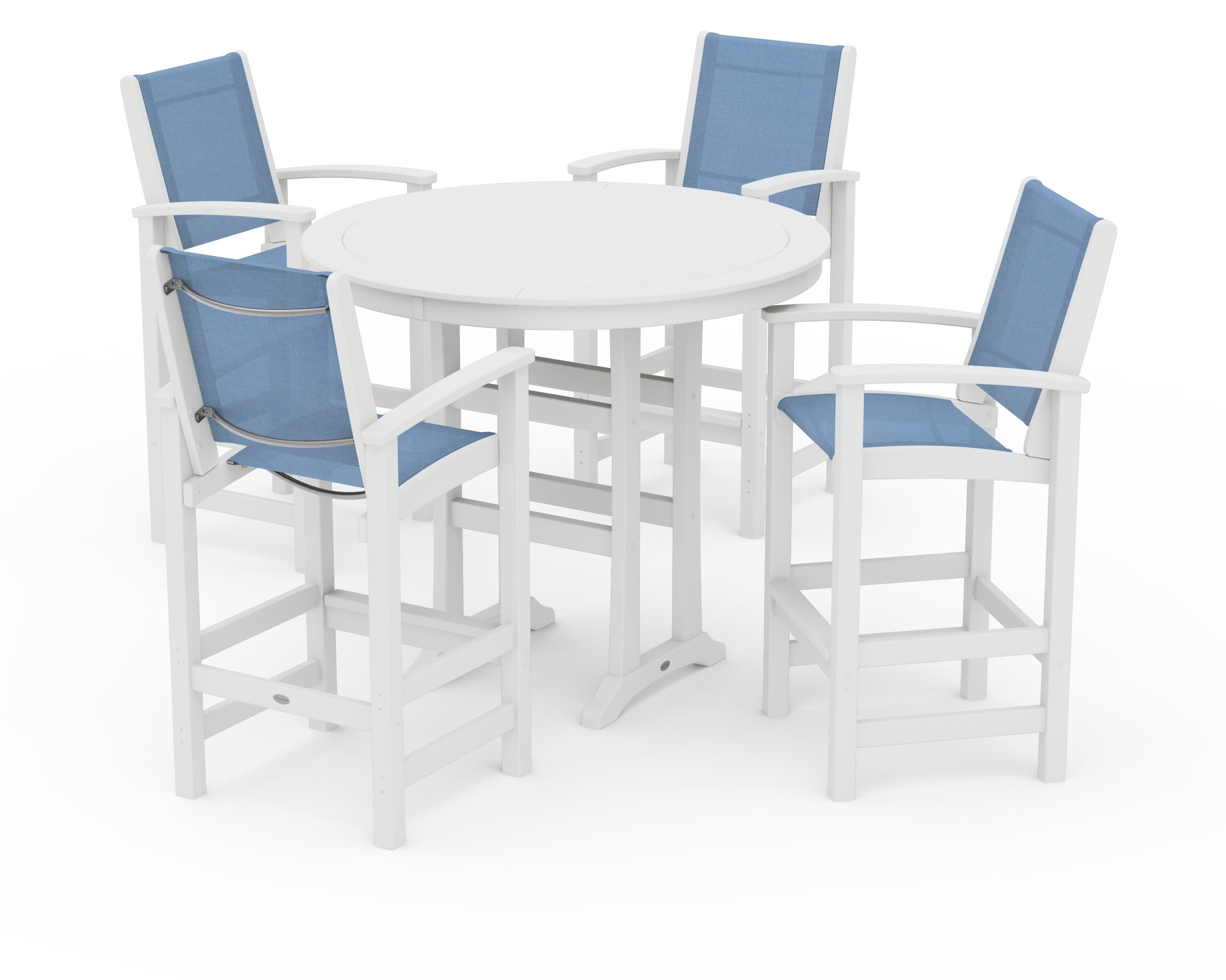 POLYWOOD Coastal 5-Piece Nautical Trestle Bar Set in White / Poolside Sling