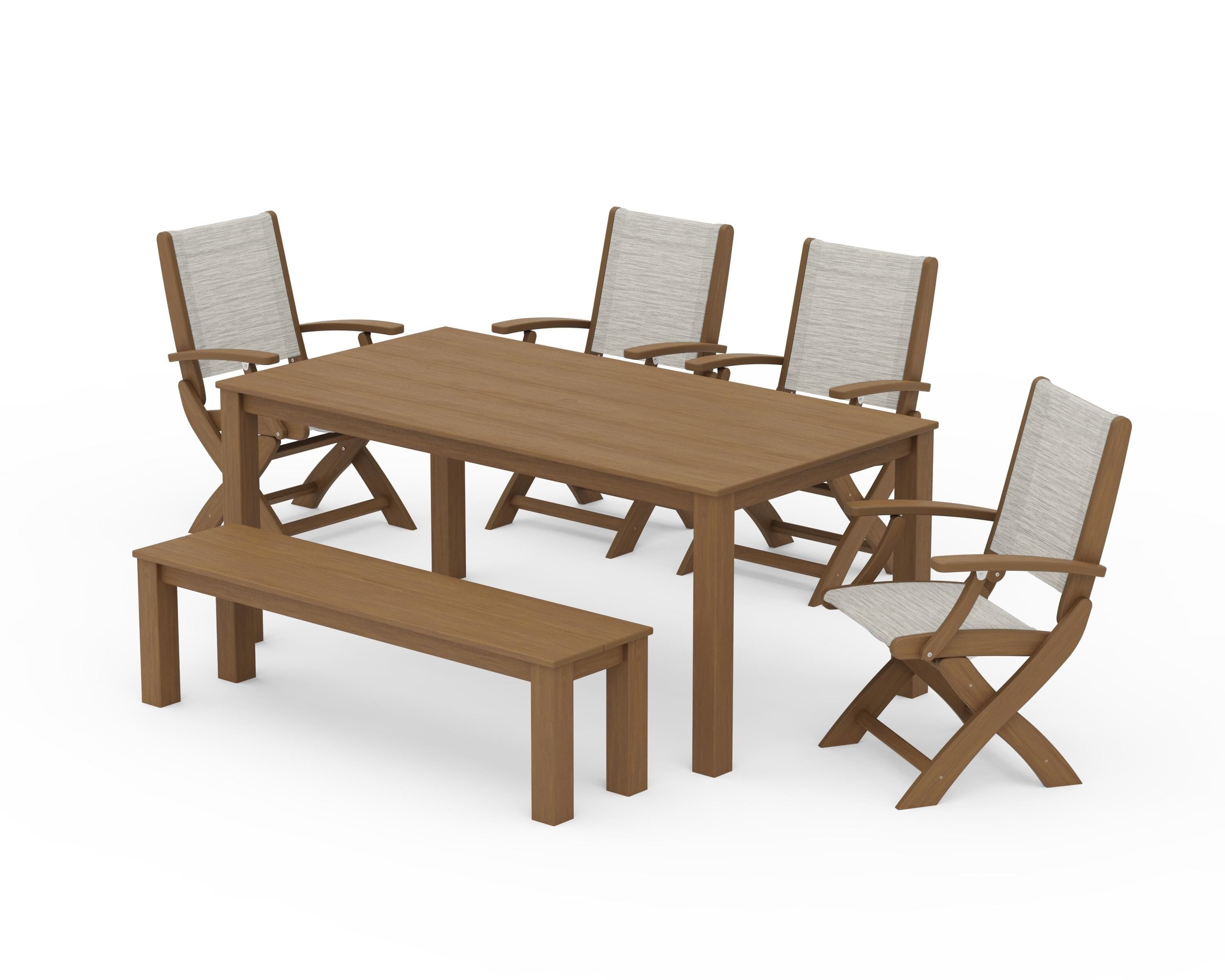 POLYWOOD Coastal Folding Chair 6-Piece Parsons Dining Set with Bench in Natural / Birch Sling