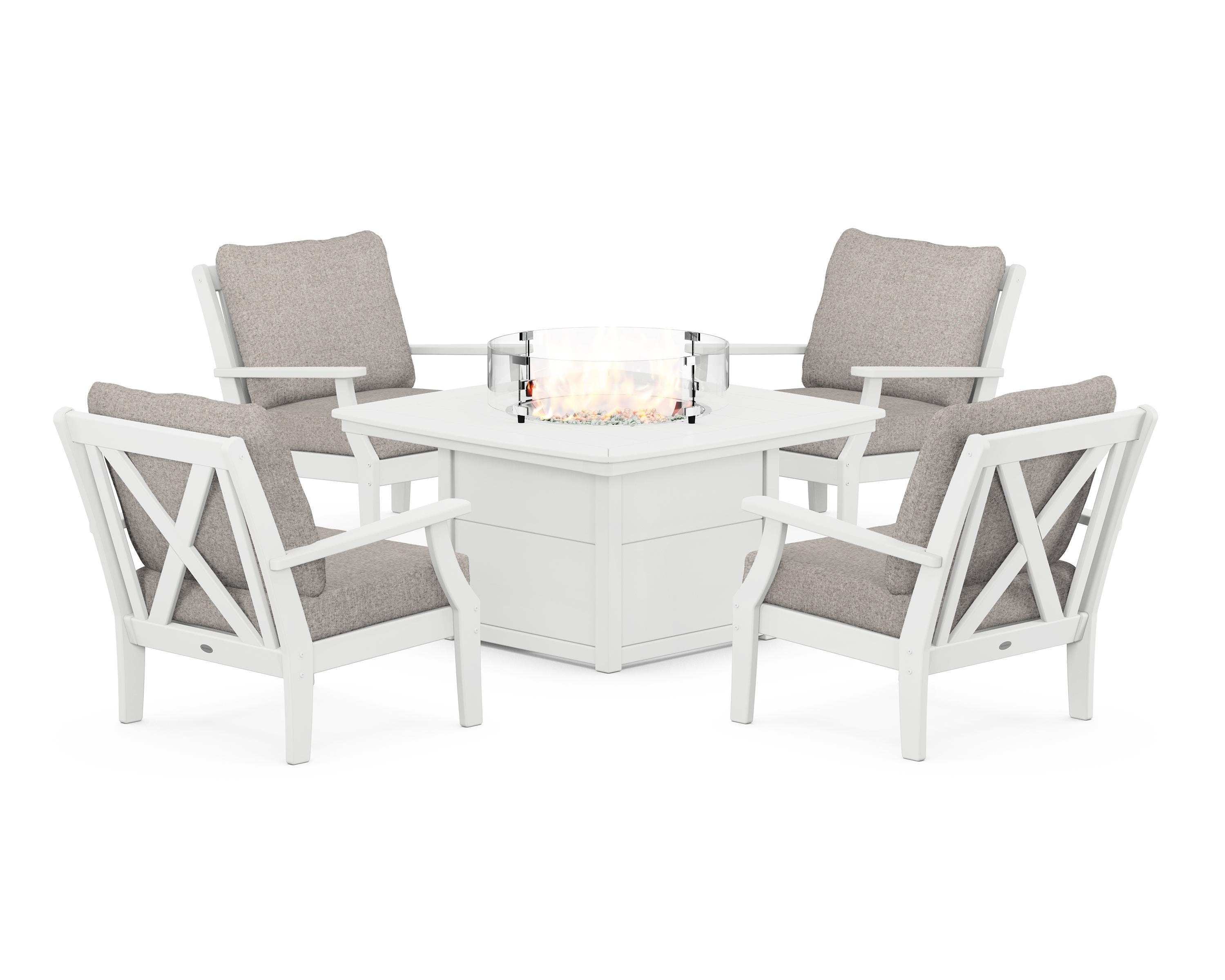 POLYWOOD Braxton 5-Piece Deep Seating Conversation Set with Fire Pit Table in White / Weathered Tweed